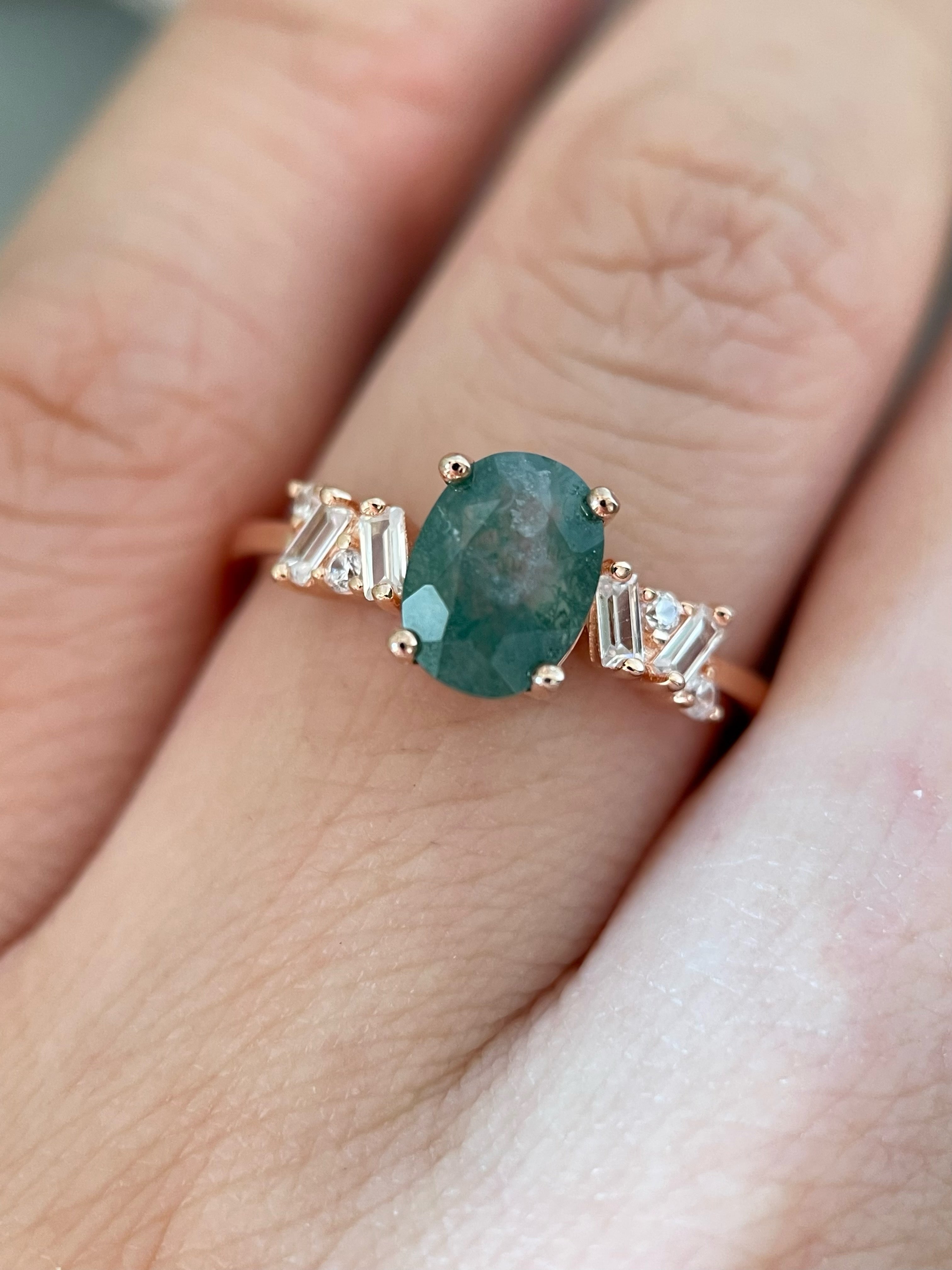 【Sylvan Whisper】Unique Handmade Natural Moss Agate Engagement Ring 1.5ct Oval Cut
