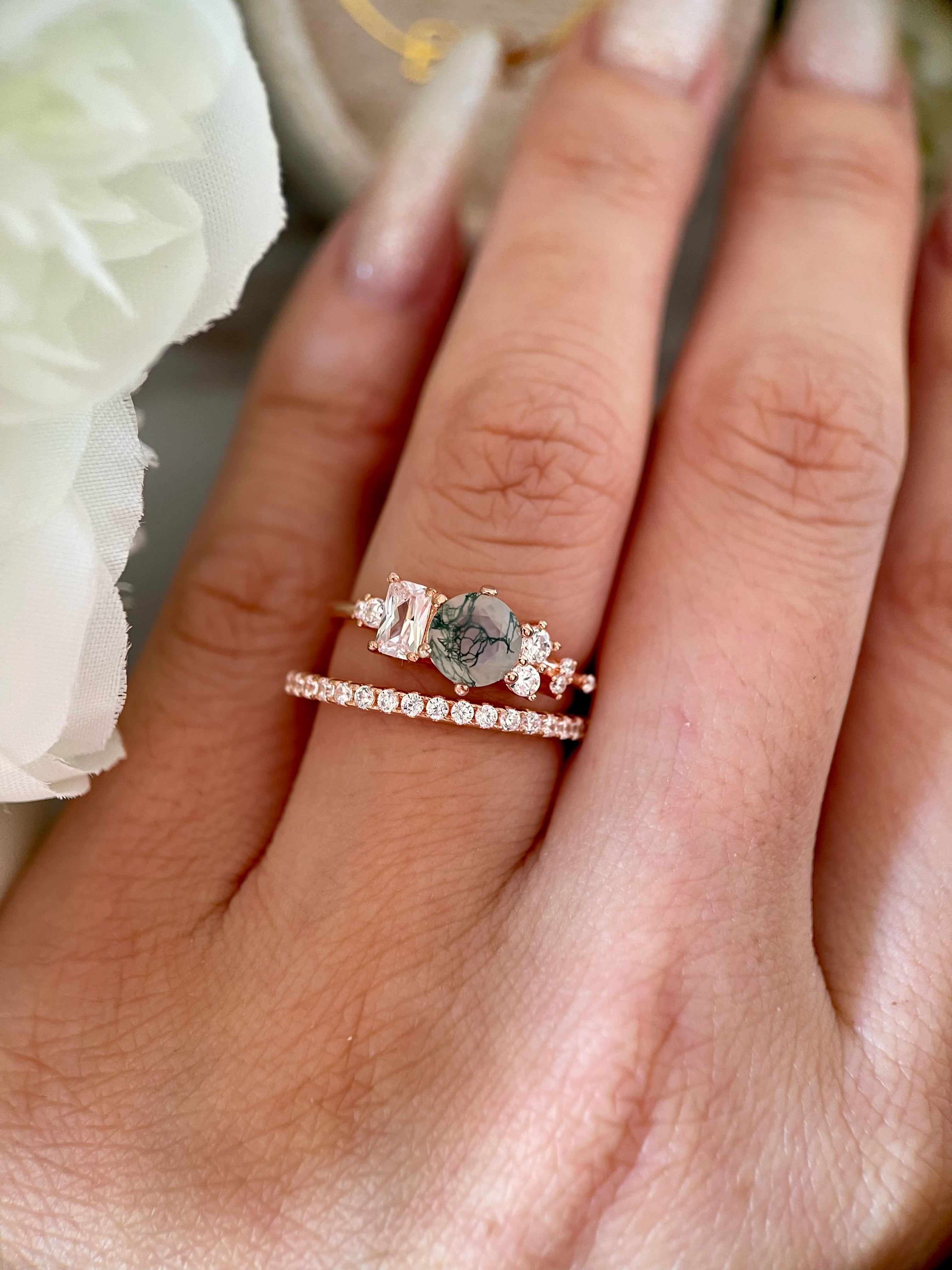 【Ensemble Veridia Cascade】Ensemble unique de bagues de fiançailles en agate mousse naturelle faite à la main, 2 pièces, 0,8 ct, forme ronde