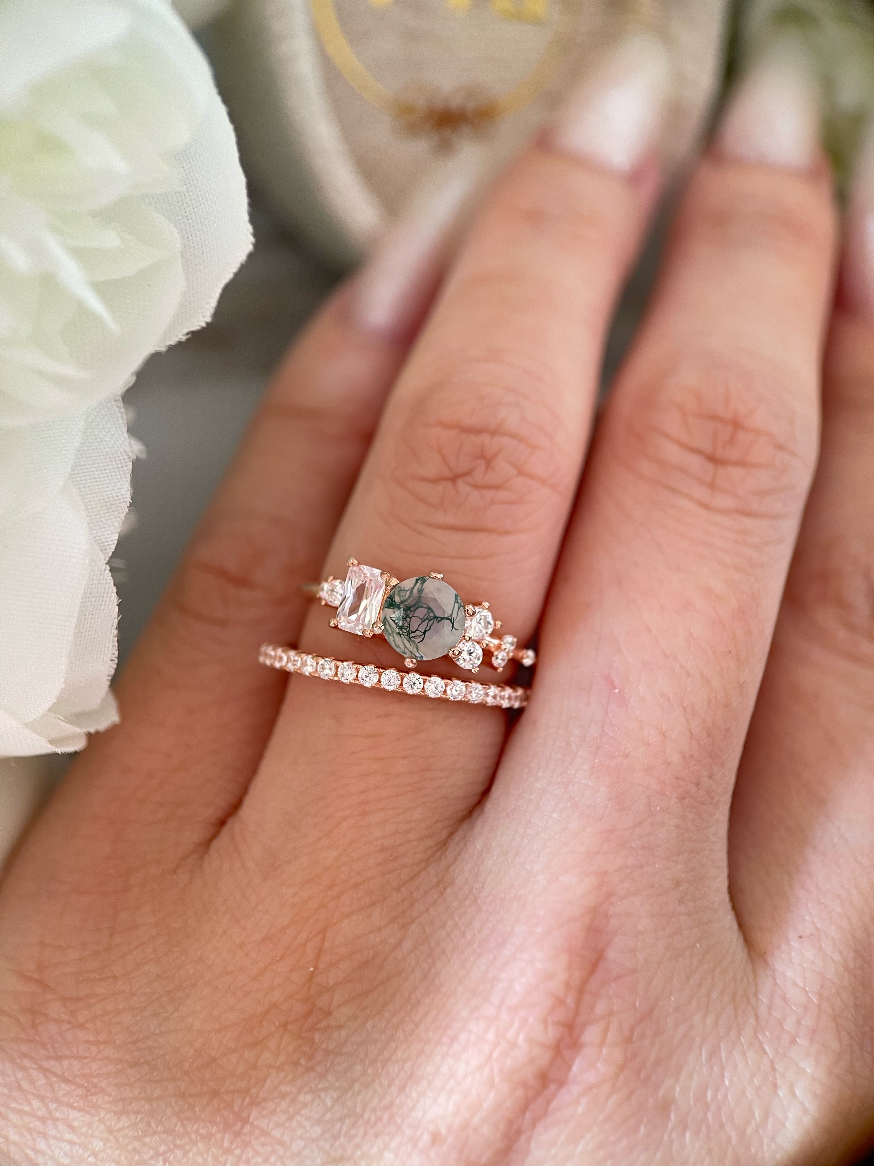 【Veridia Cascade Set】Unique Handmade Natural Moss Agate Engagement Ring Set 2pcs 0.8ct Round Cut