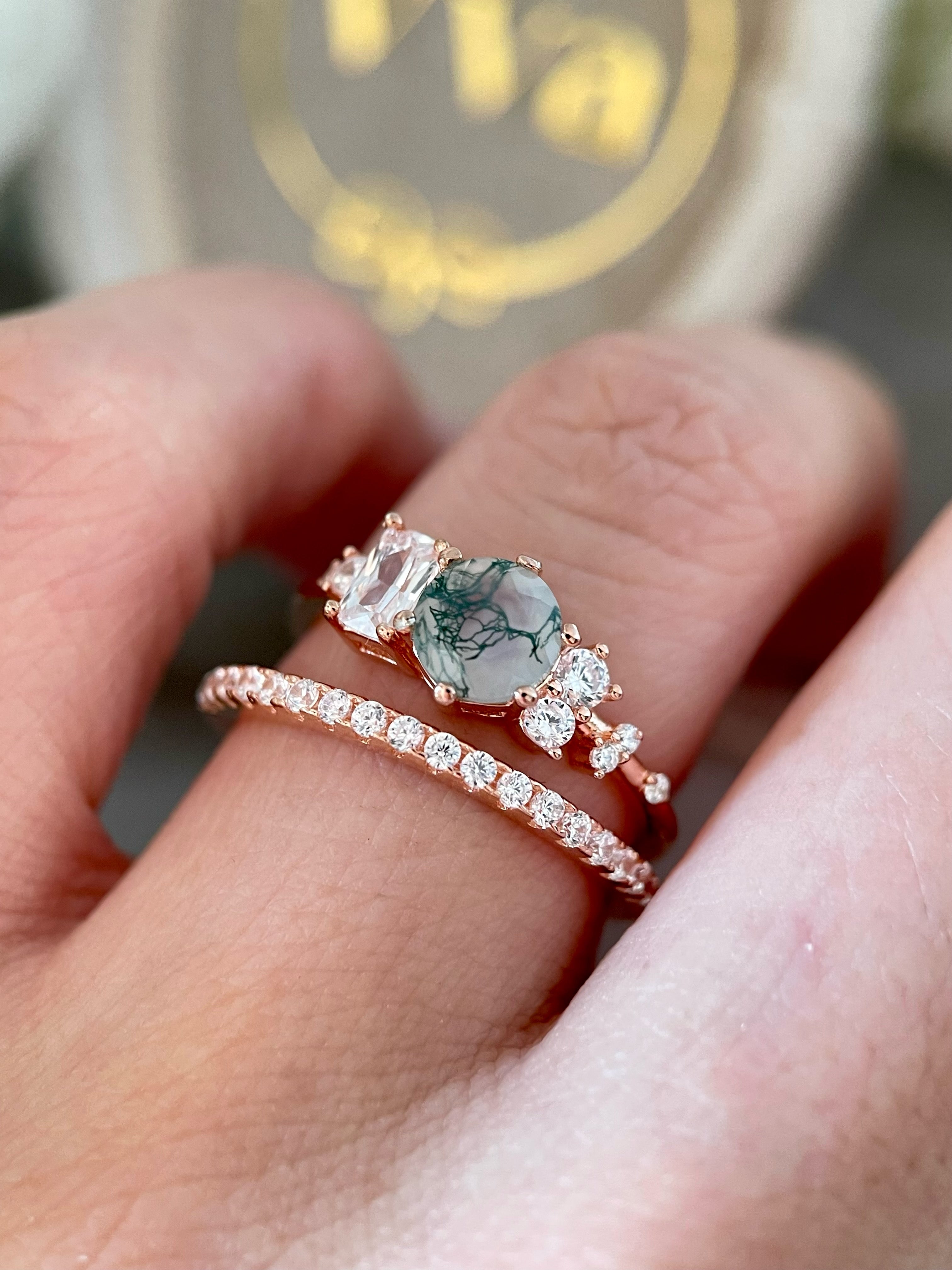 【Veridia Cascade Set】Unique Handmade Natural Moss Agate Engagement Ring Set 2pcs 0.8ct Round Cut