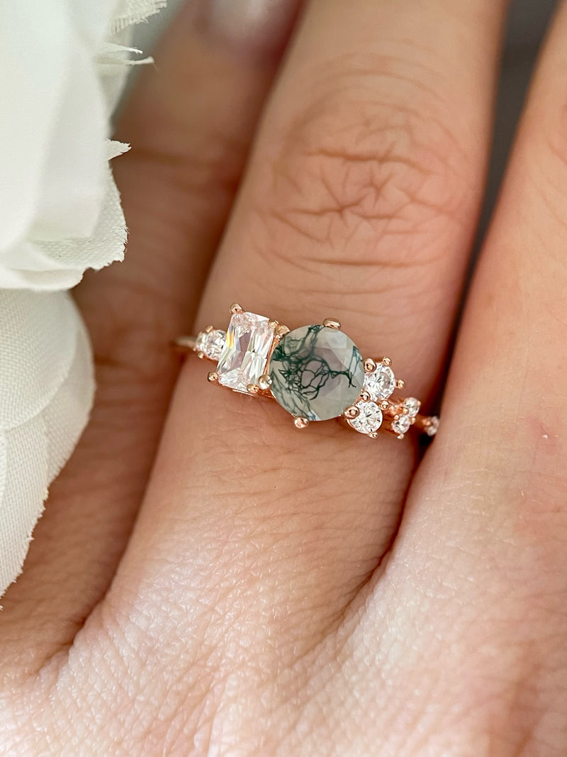 【Veridia Cascade】Bague de fiançailles unique, faite main, en agate mousse naturelle de 0,8 ct, forme ronde