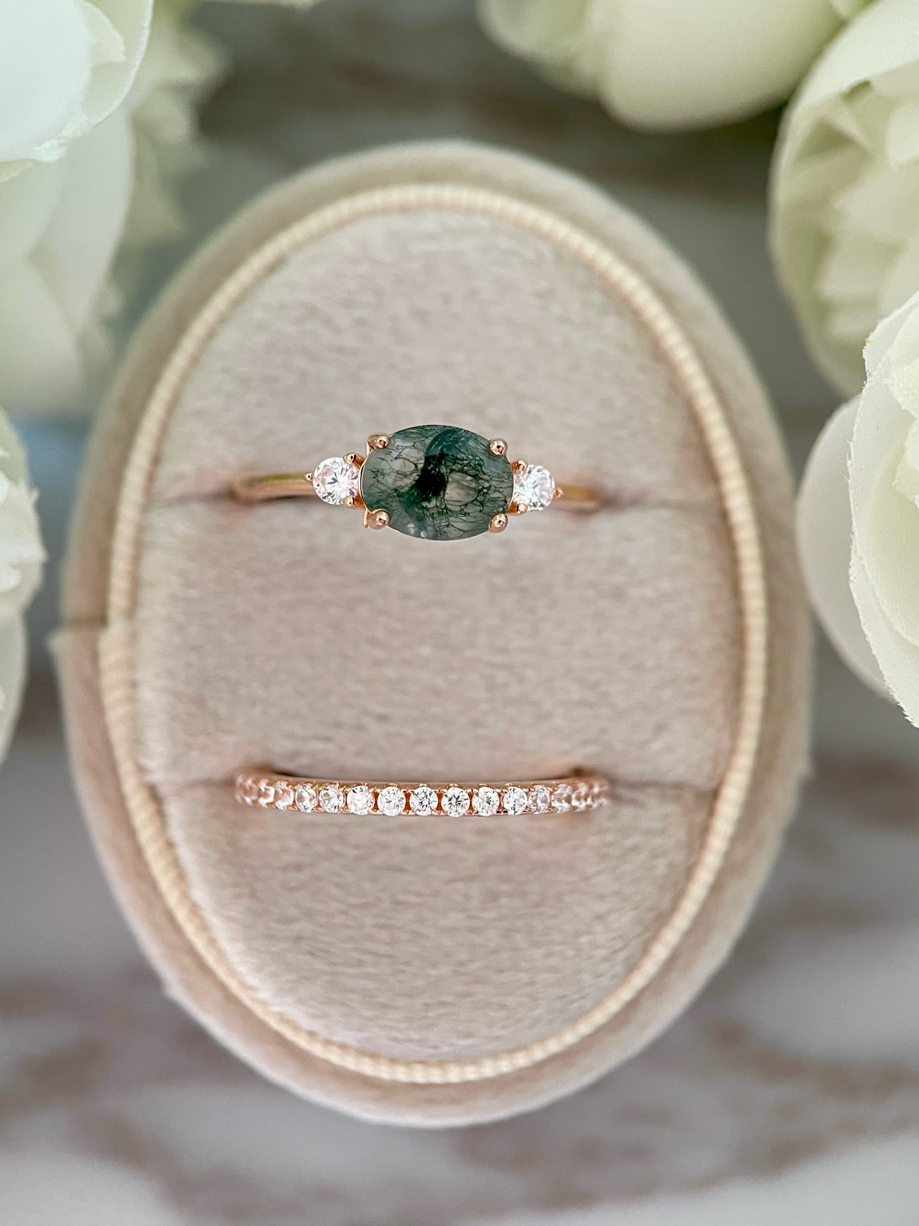 【Ensemble Voile Éthéré】Ensemble de bagues de fiançailles unique, fait main, en agate mousse naturelle, 2 pièces, 1,5 ct, forme ovale