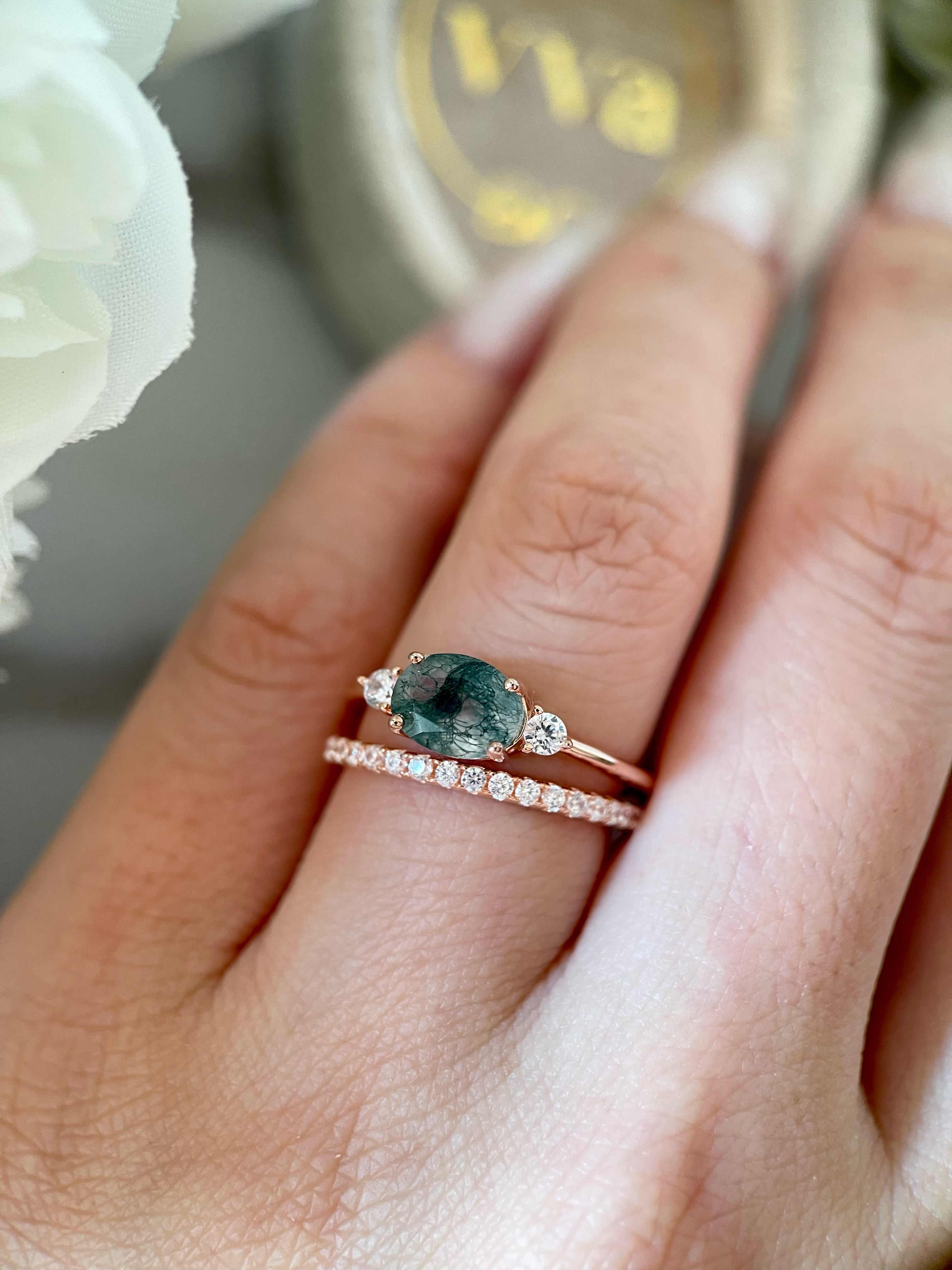 【Ensemble Voile Éthéré】Ensemble de bagues de fiançailles unique, fait main, en agate mousse naturelle, 2 pièces, 1,5 ct, forme ovale