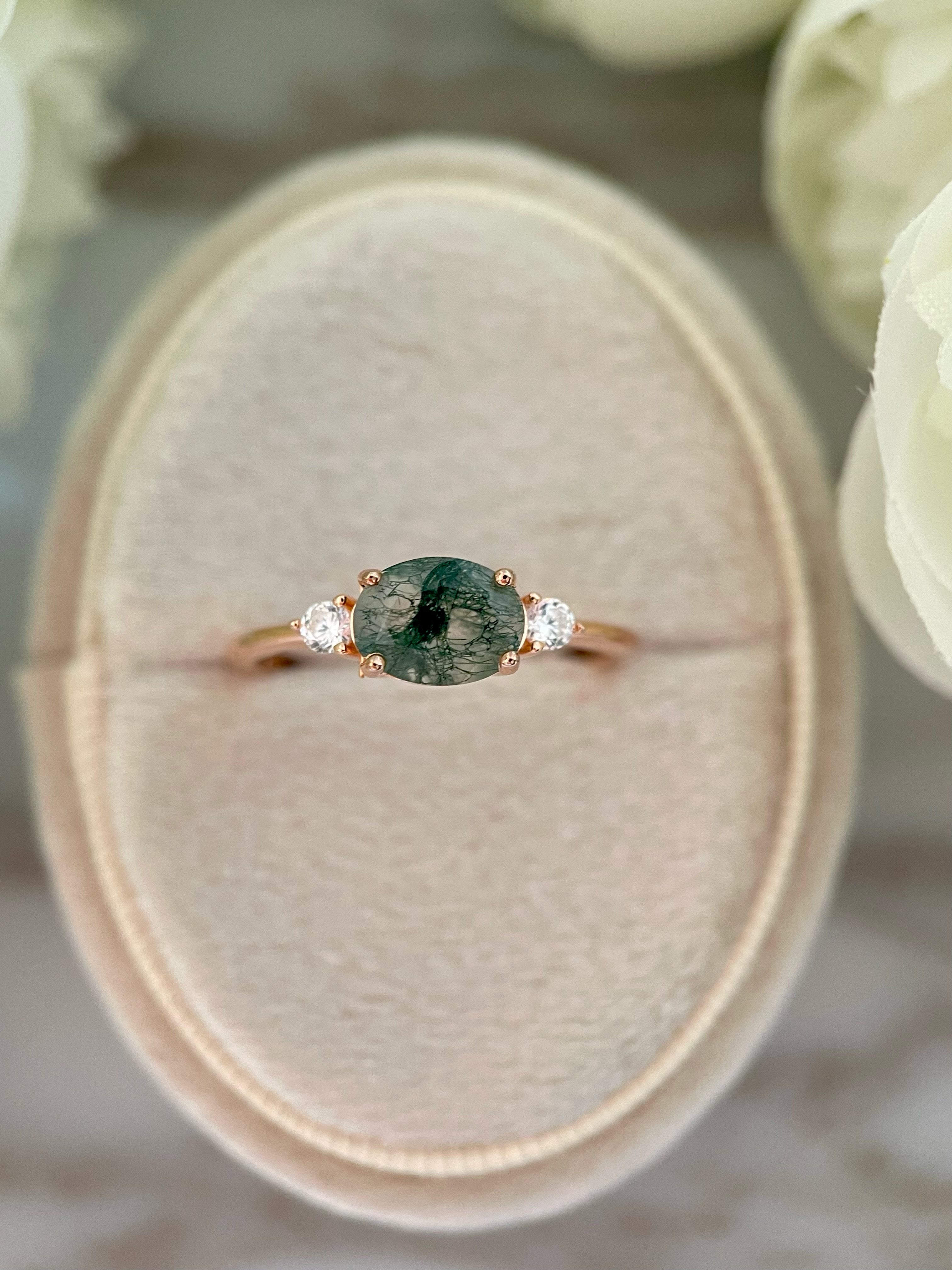 【Ethereal Veil】Unique Handmade Natural Moss Agate Engagement Ring 1.5ct Oval Cut