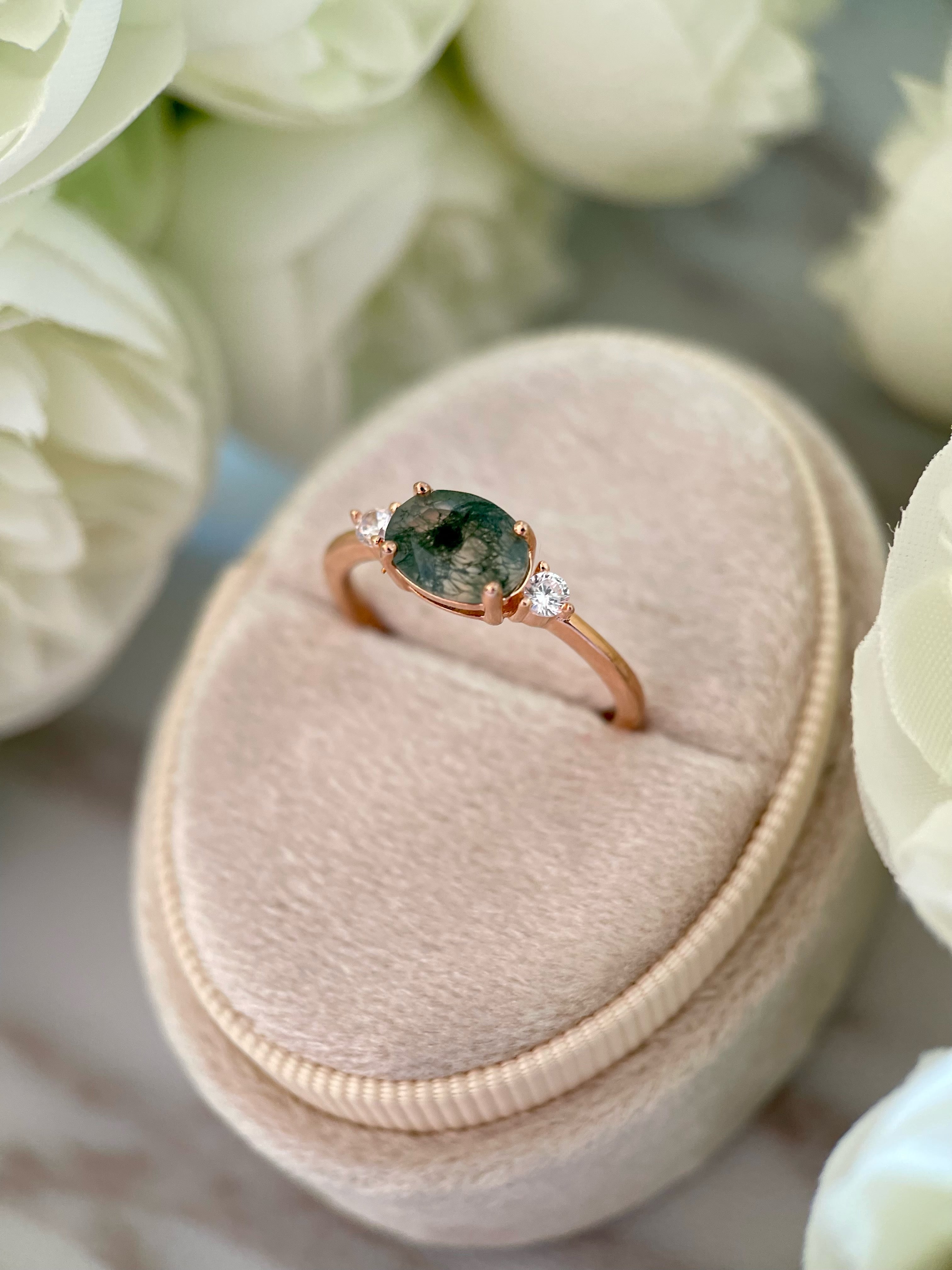 【Ethereal Veil】Unique Handmade Natural Moss Agate Engagement Ring 1.5ct Oval Cut