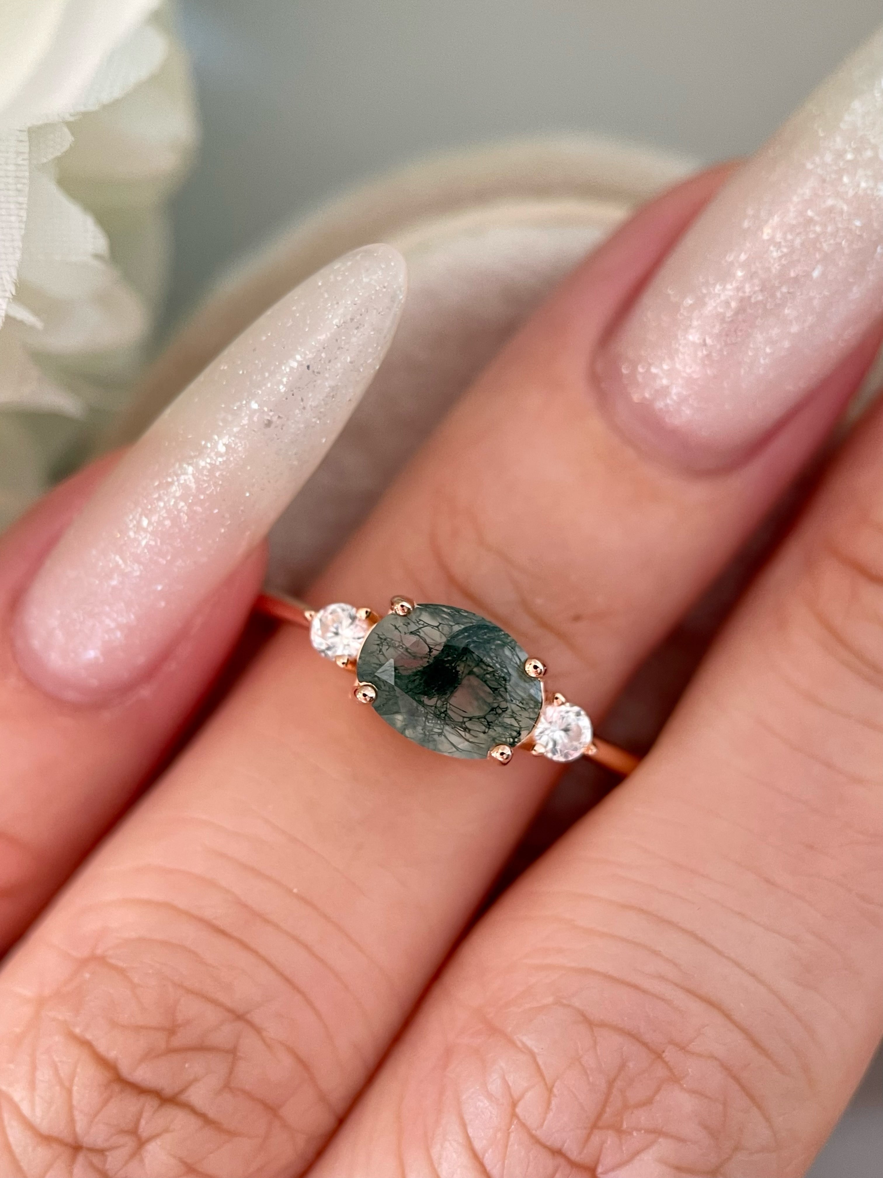 【Ethereal Veil】Unique Handmade Natural Moss Agate Engagement Ring 1.5ct Oval Cut
