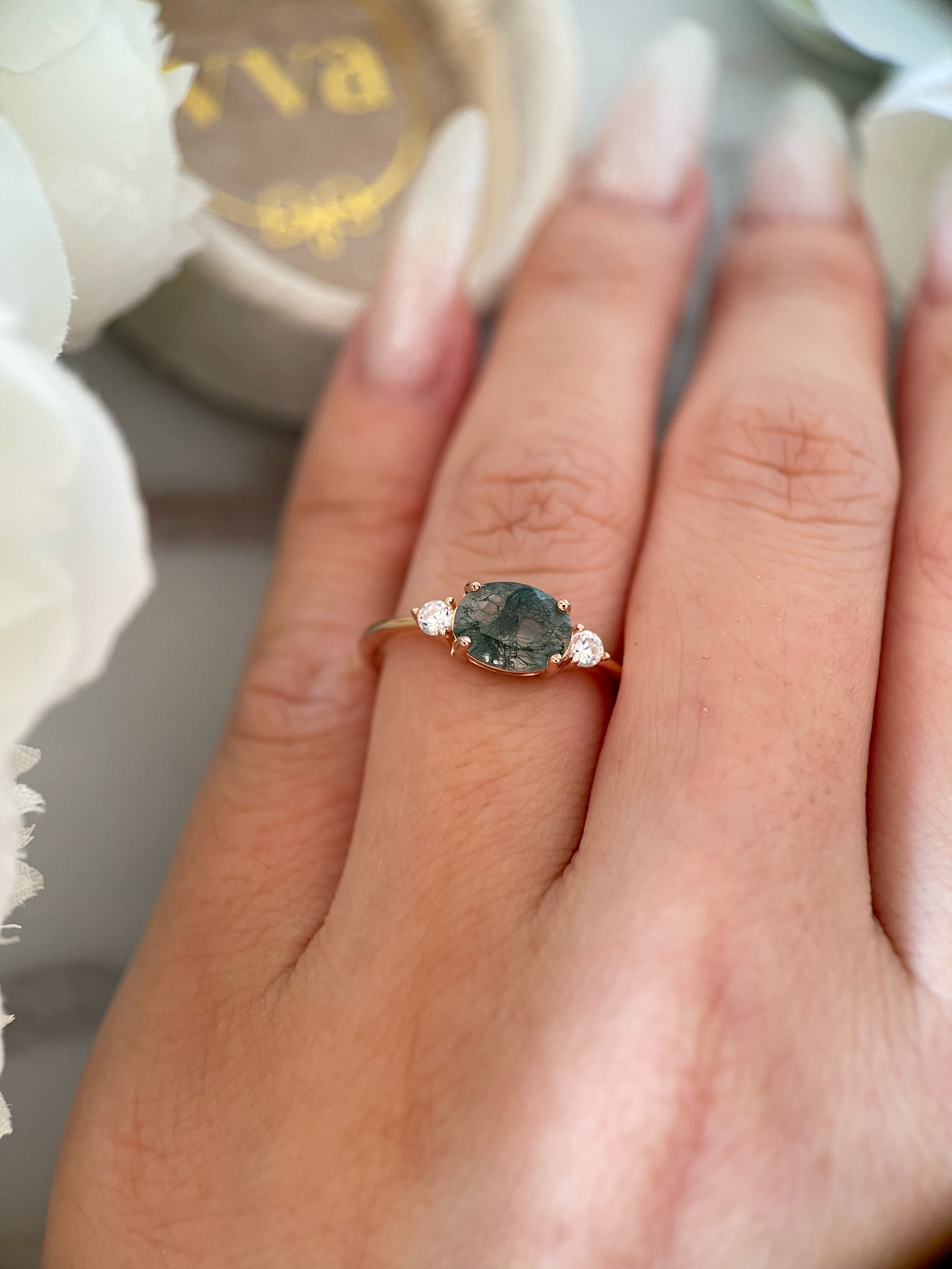 【Ethereal Veil】Unique Handmade Natural Moss Agate Engagement Ring 1.5ct Oval Cut