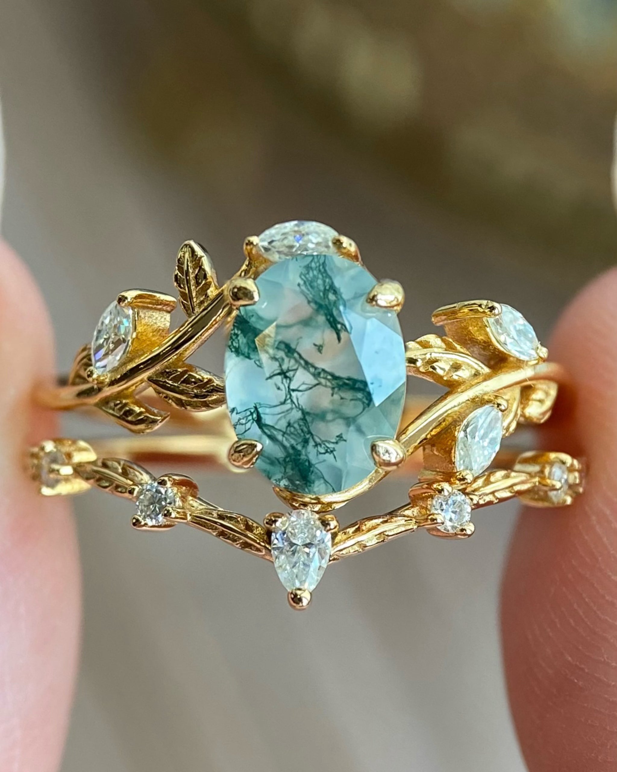 Chloris | Unique Handmade Oval Natural Moss Agate Engagement Ring Set With Curved Leaf Band