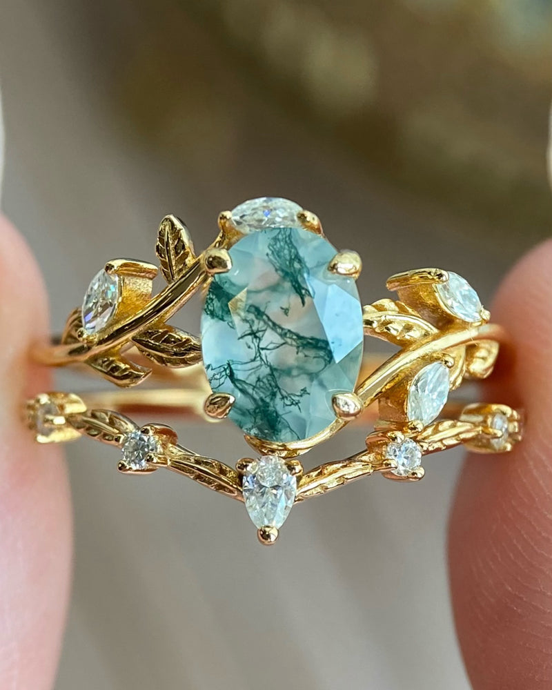 Chloris | Unique Handmade Oval Natural Moss Agate Engagement Ring Set With Curved Leaf Band