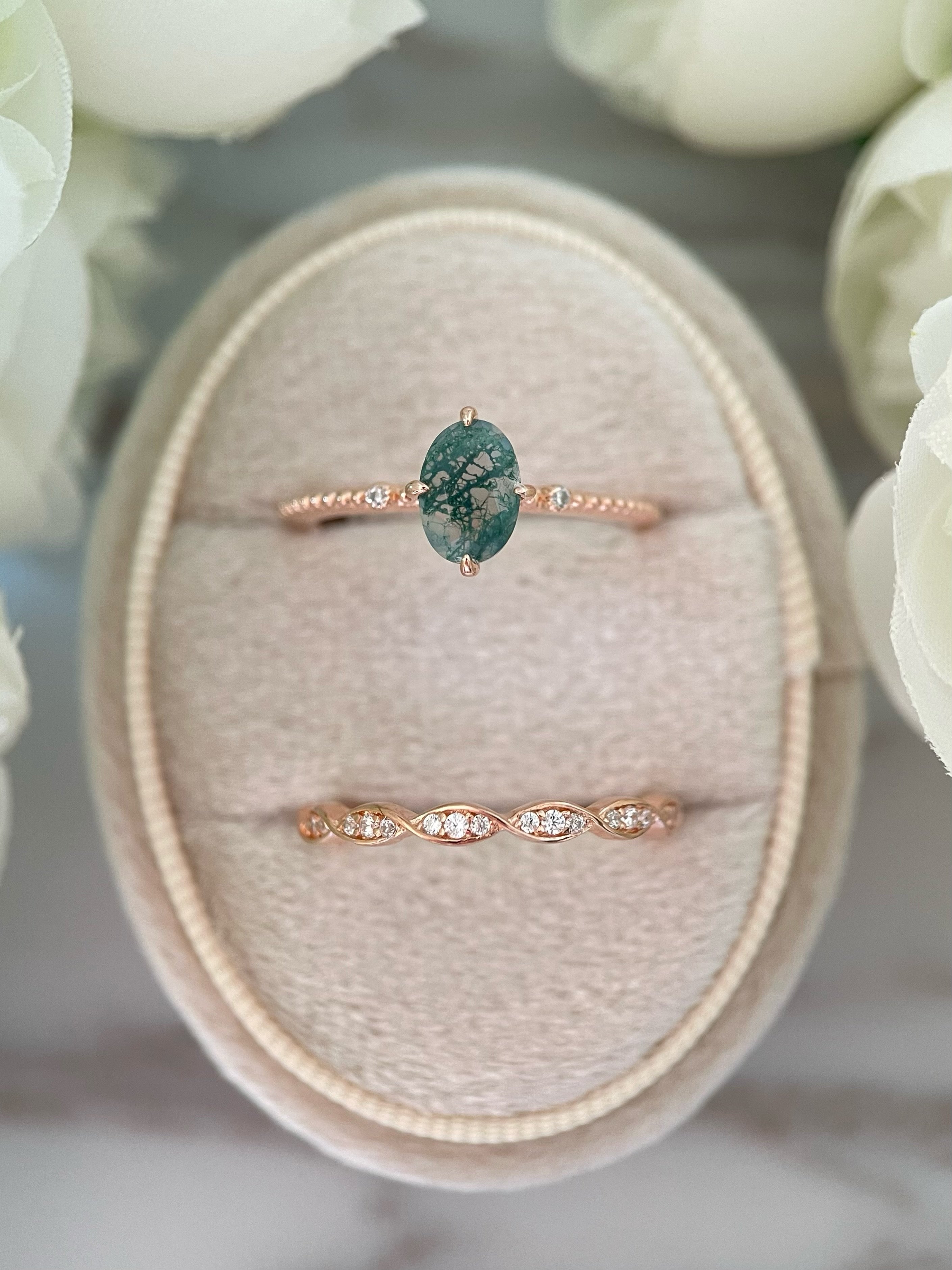 【Ensemble Veridian】Ensemble de 2 bagues de fiançailles ovales en agate mousse naturelle, 3 carats, fabriquées à la main.