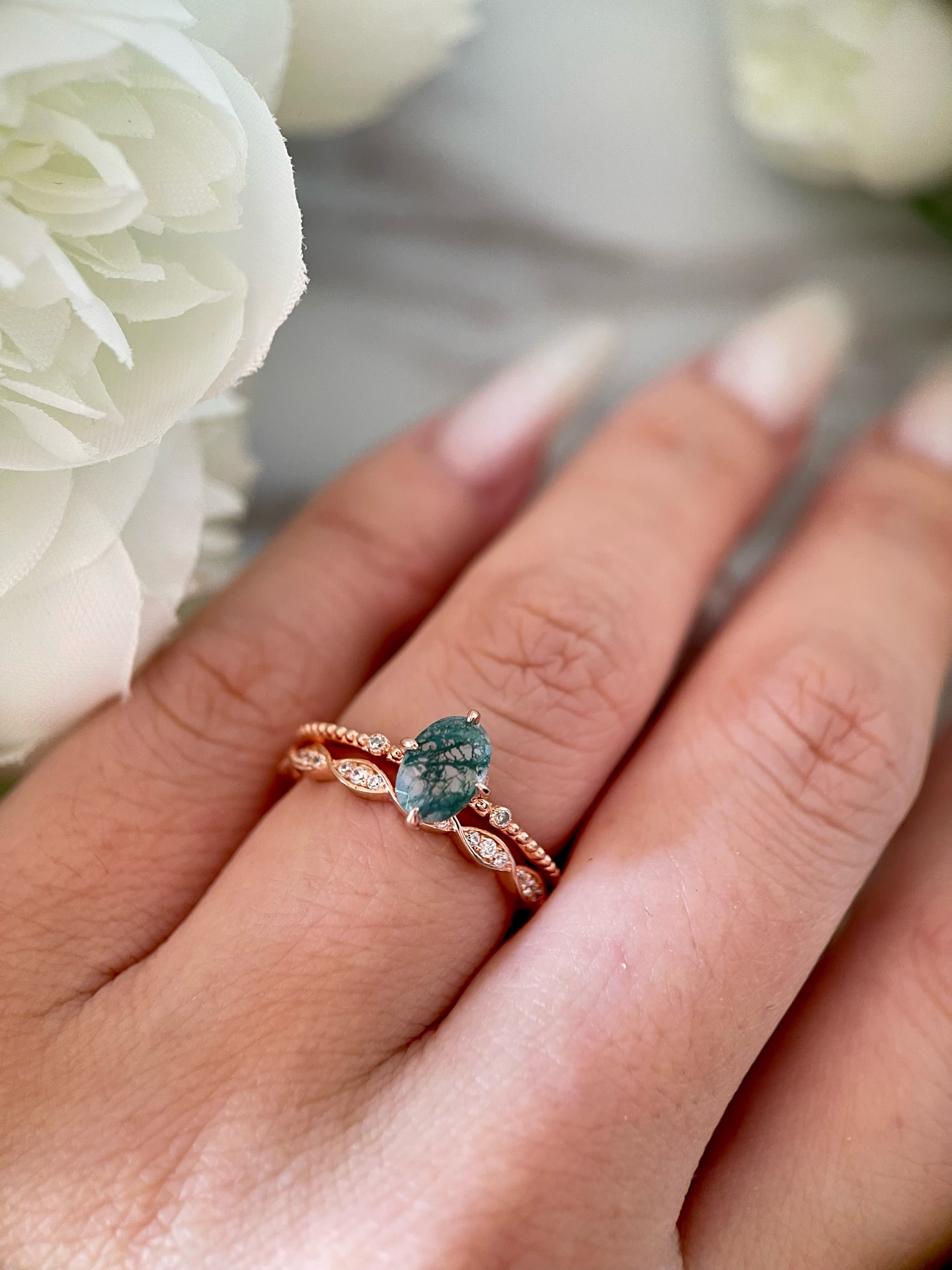 【Veridian set】Unique Handmade Natural Moss Agate Engagement Ring Set 2pcs 3ct Oval Cut