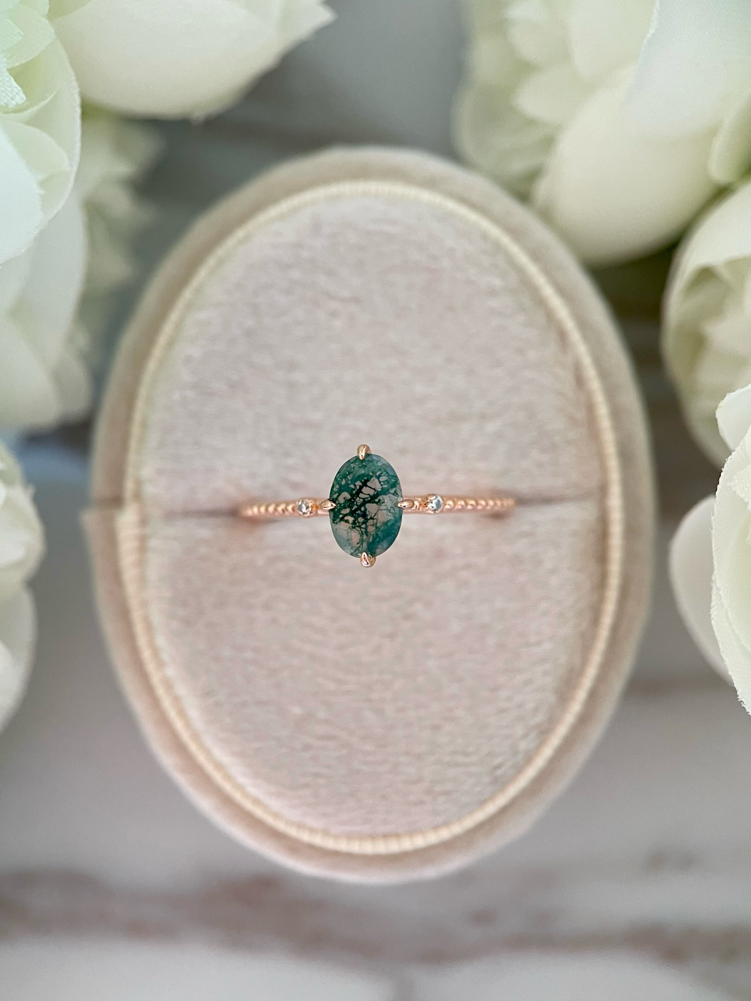 【Veridia】Unique Handmade Natural Moss Agate Engagement Ring 3ct Oval Cut