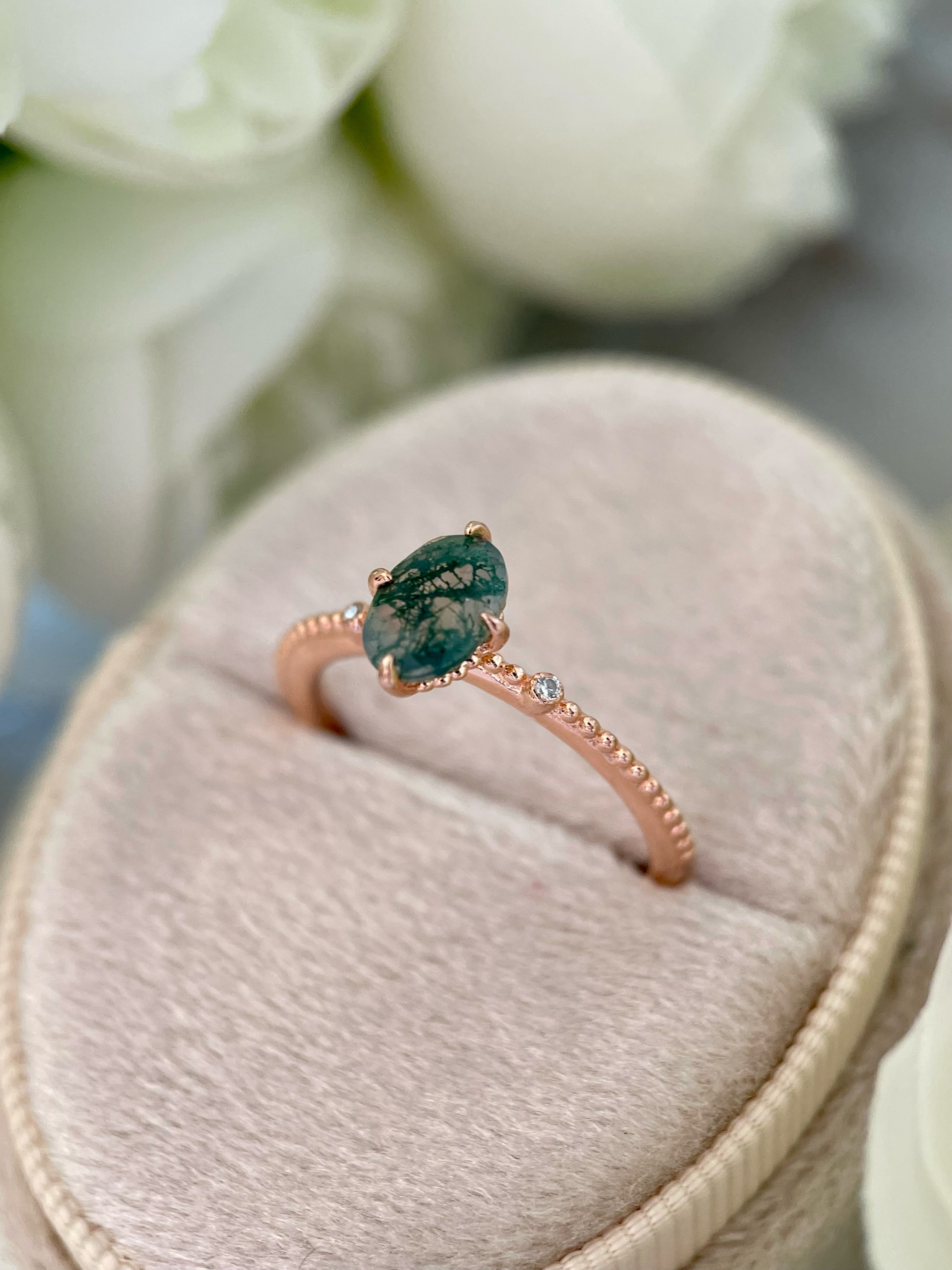 【Veridia】Unique Handmade Natural Moss Agate Engagement Ring 3ct Oval Cut