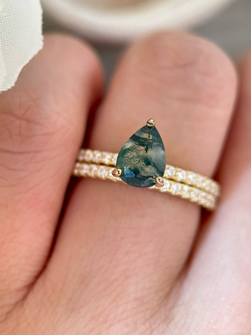 【Naiad Set】Unique Handmade Natural Moss Agate Engagement Ring Set 2pcs 0.8ct Pear Shape