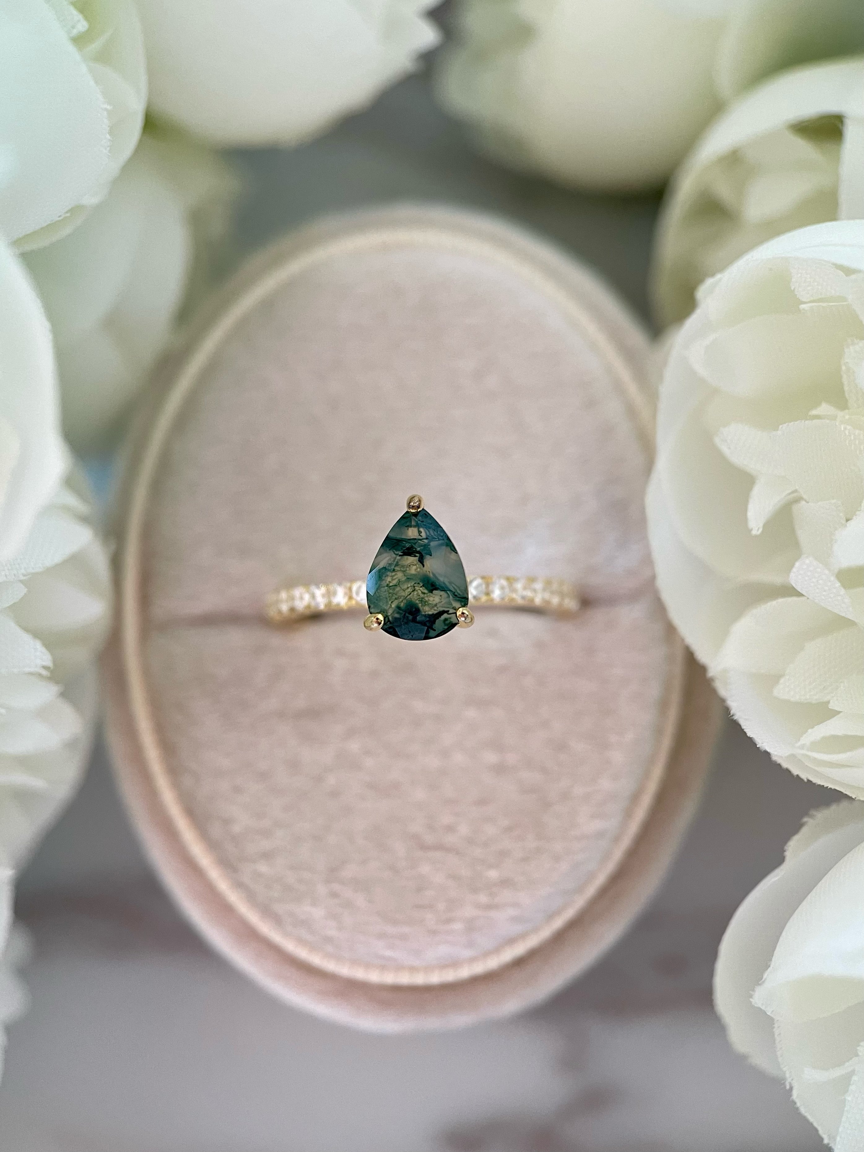 【Naiad】Unique Handmade Natural Moss Agate Engagement Ring 0.8ct Pear Cut