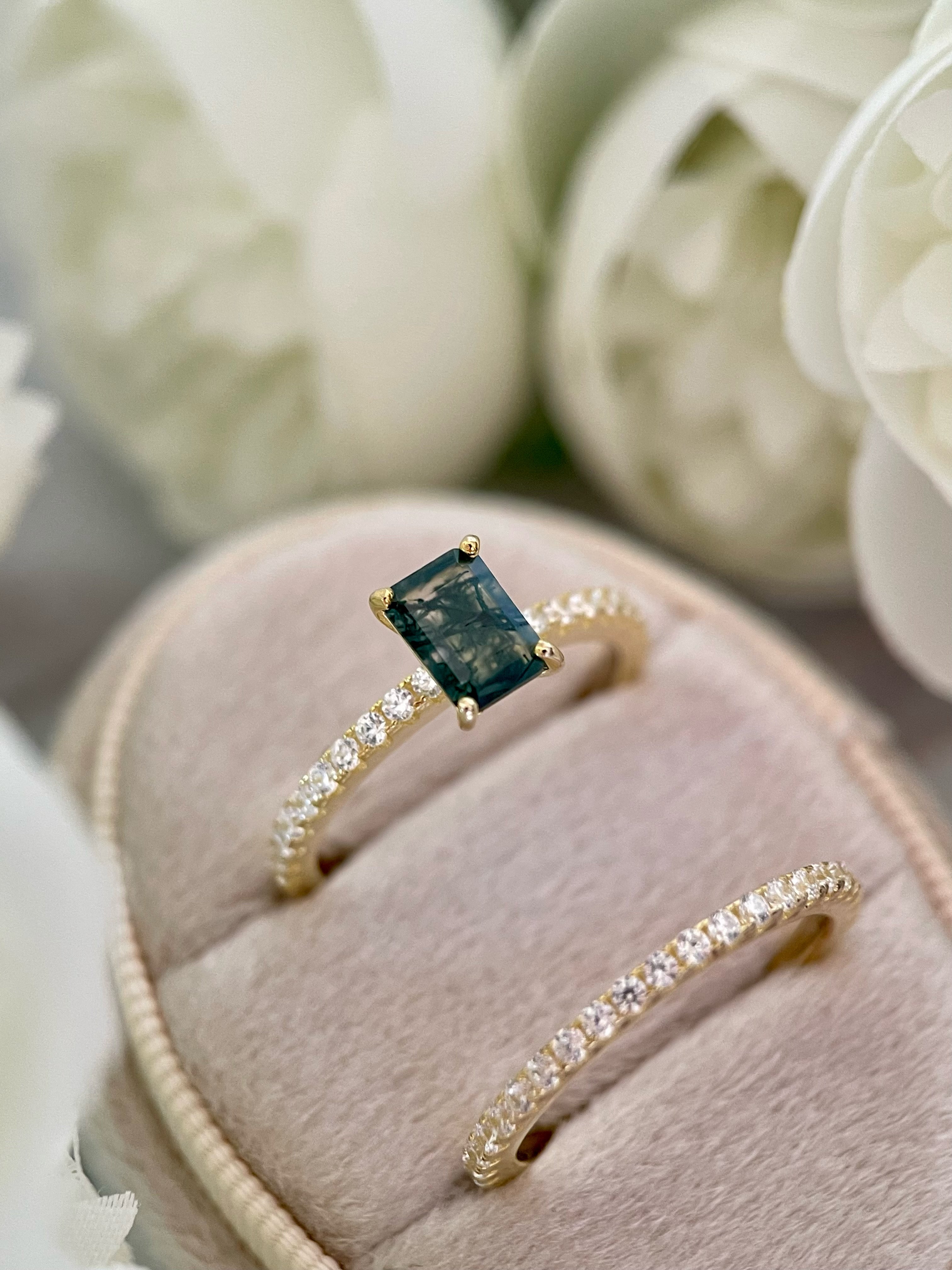 【Ensemble Laguna】Ensemble de 2 bagues de fiançailles uniques, faites à la main, en agate mousse naturelle, 1 carat, forme baguette