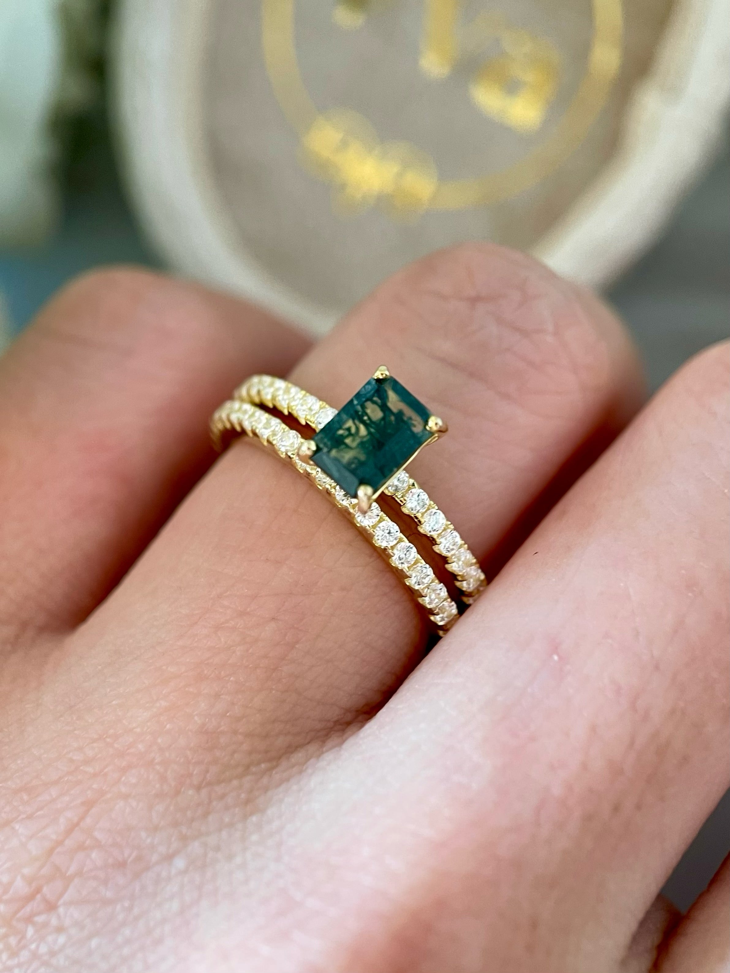 【Laguna Set】Unique Handmade Natural Moss Agate Engagement Ring Set 2pcs 1ct Emerald Cut