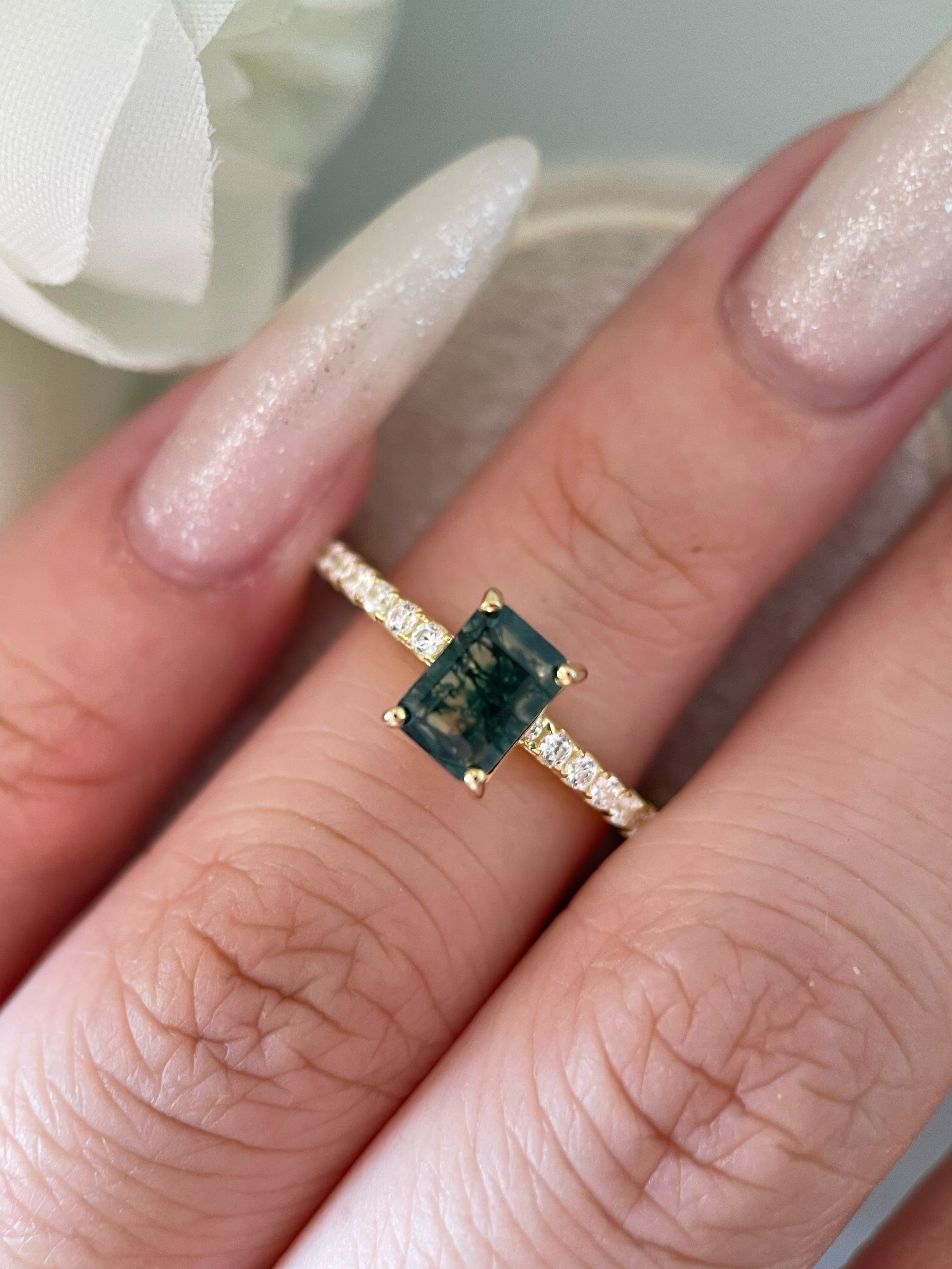 【Laguna】Unique Handmade Natural Moss Agate Engagement Ring 1ct Emerald Cut