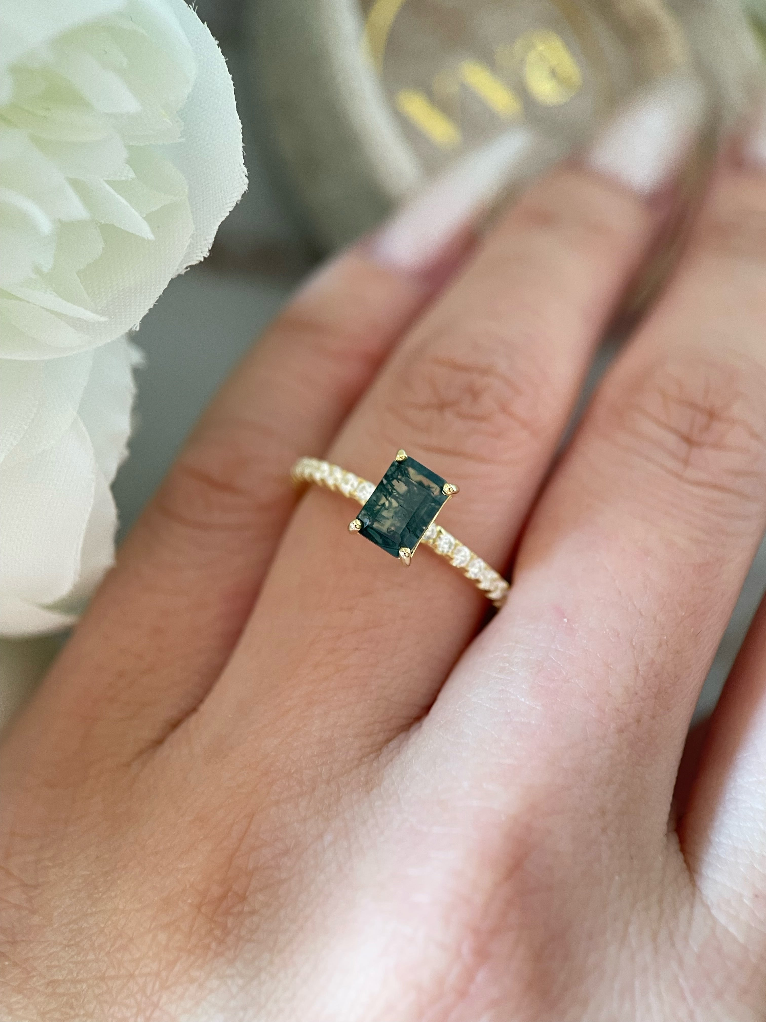 【Laguna】Unique Handmade Natural Moss Agate Engagement Ring 1ct Emerald Cut
