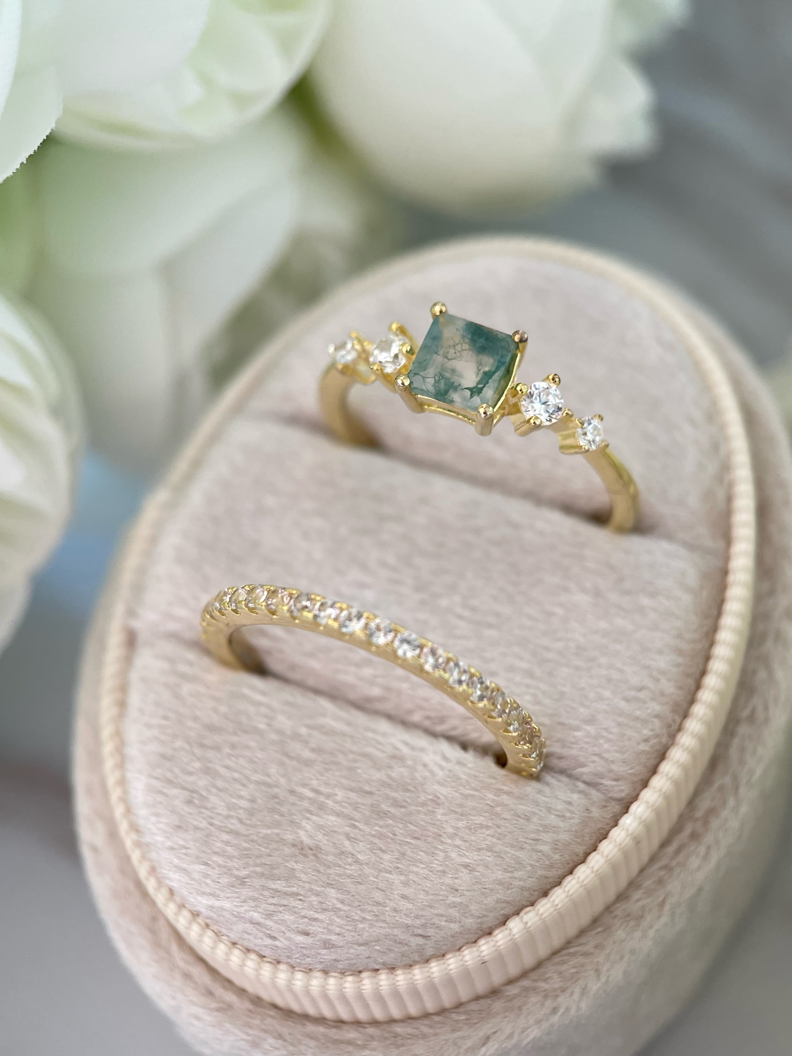 【Ensemble Jardin de Verdanite】Ensemble de bagues de fiançailles unique, fait main, en agate mousse naturelle, 2 pièces, 0,75 ct, forme princesse