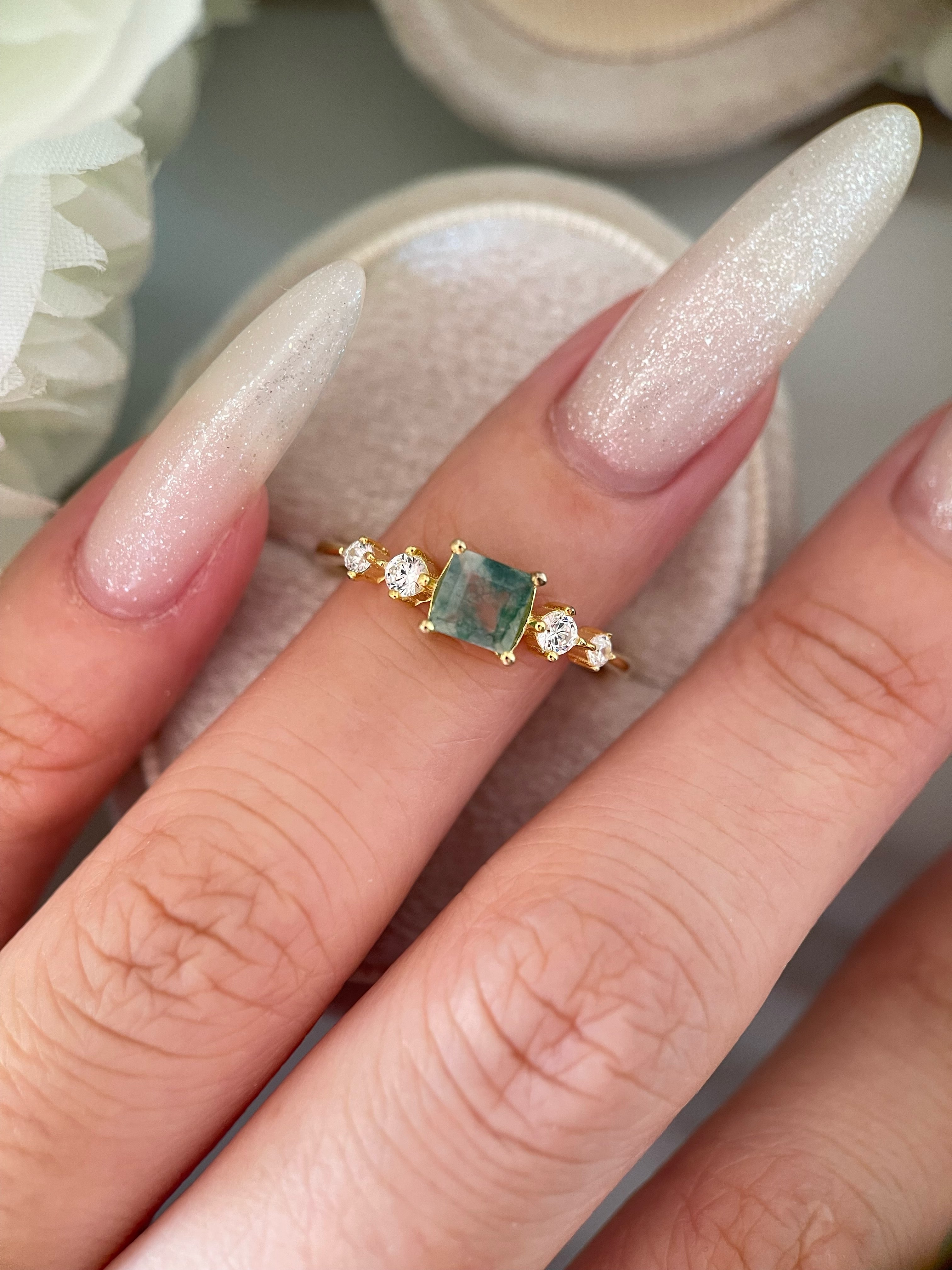 【Verdanite Garden】Unique Handmade Natural Moss Agate Engagement Ring 0.75ct Princess Cut