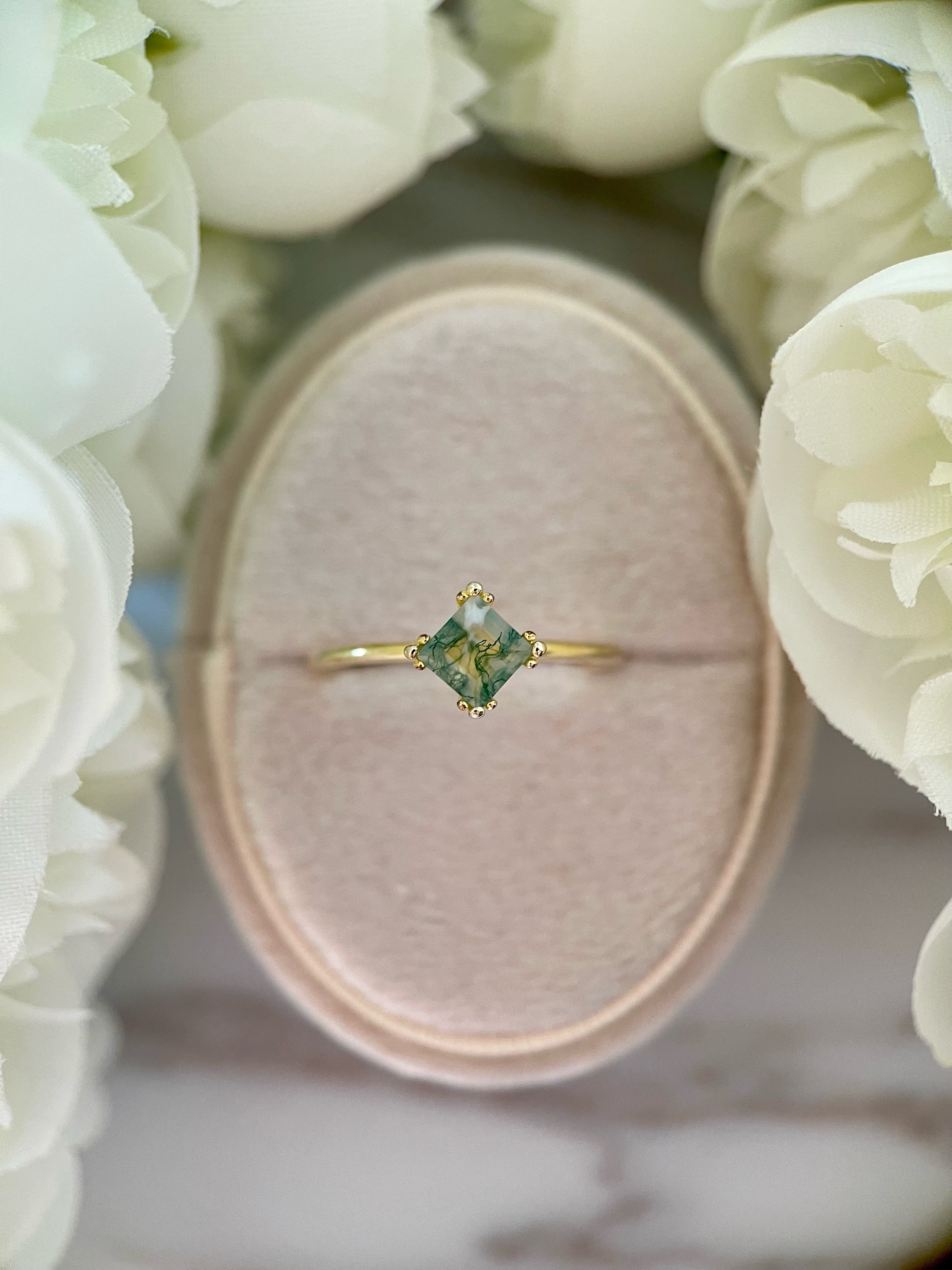 【Sylvan Majesty】Unique Handmade Natural Moss Agate Engagement Ring 0.75ct Princess Cut