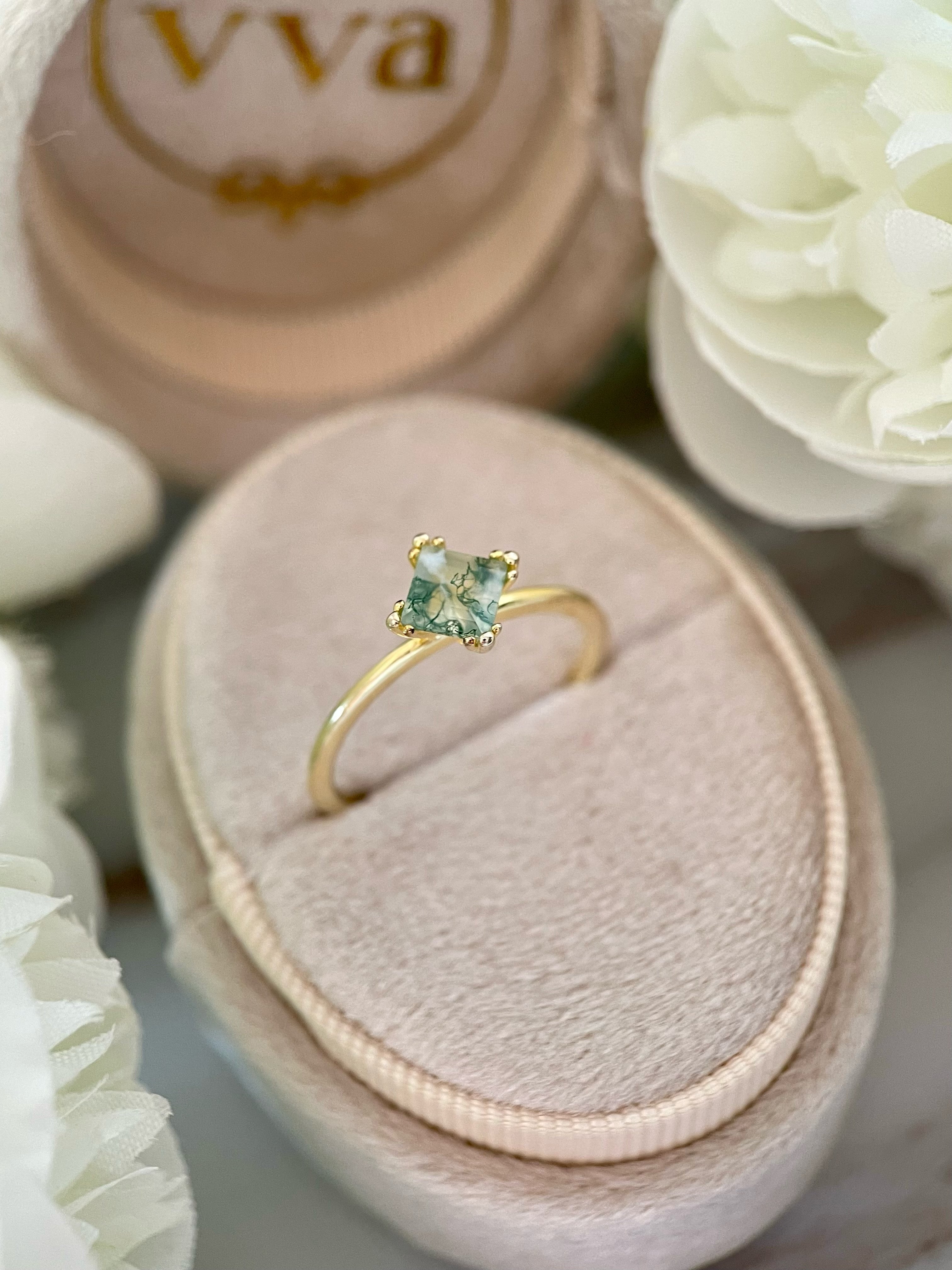 【Sylvan Majesty】Unique Handmade Natural Moss Agate Engagement Ring 0.75ct Princess Cut