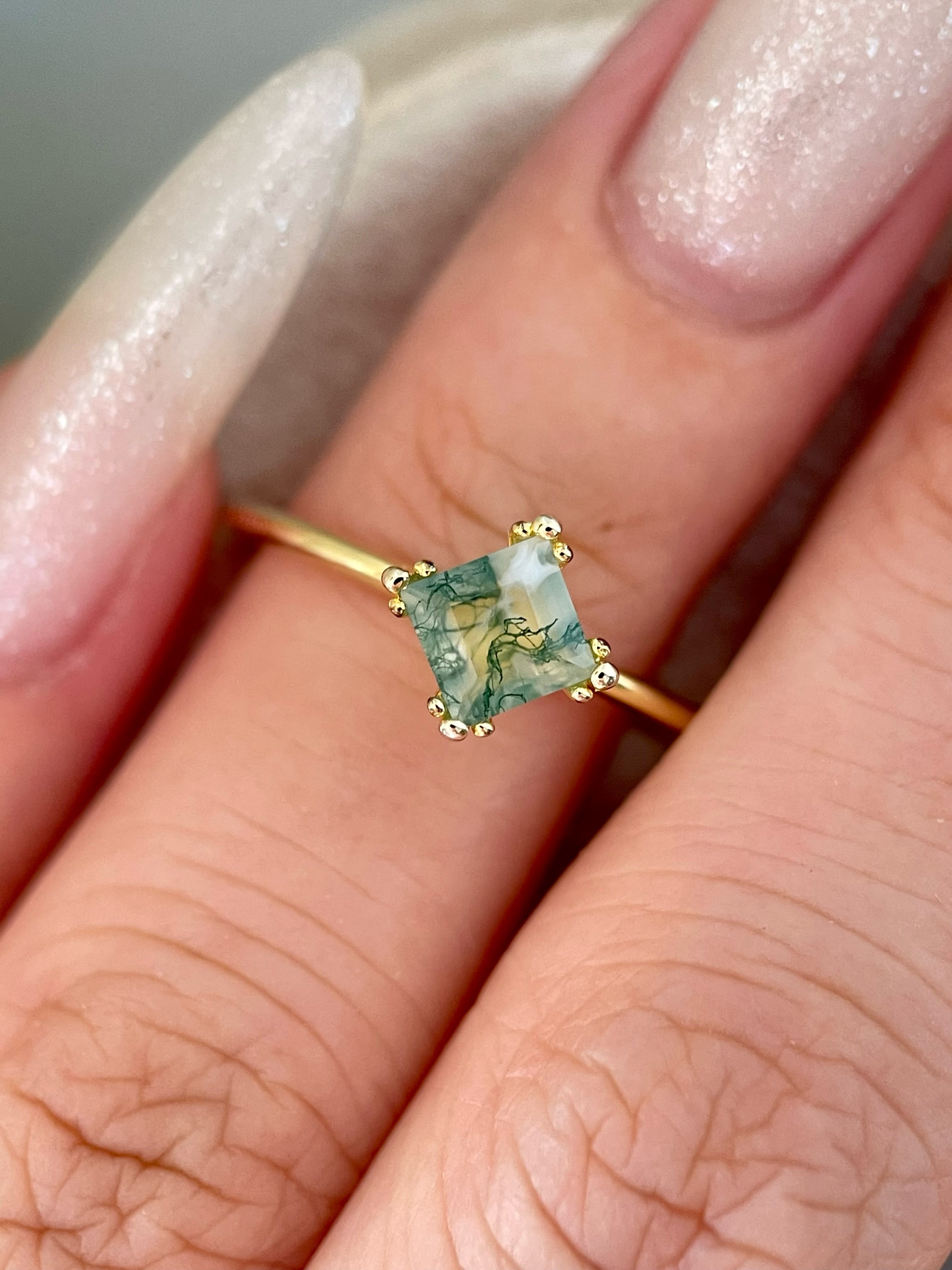 【Sylvan Majesty】Unique Handmade Natural Moss Agate Engagement Ring 0.75ct Princess Cut