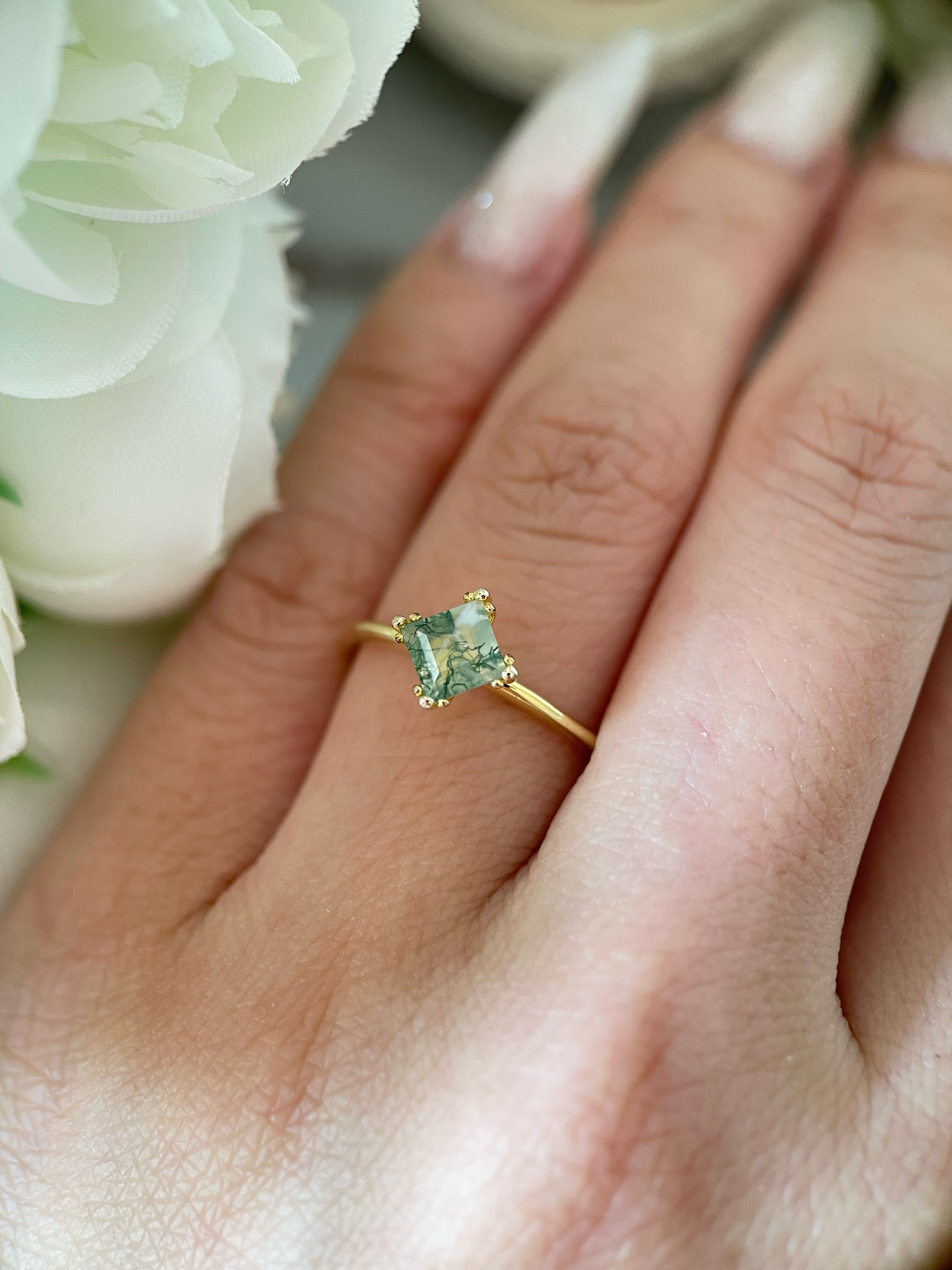 【Sylvan Majesty】Unique Handmade Natural Moss Agate Engagement Ring 0.75ct Princess Cut