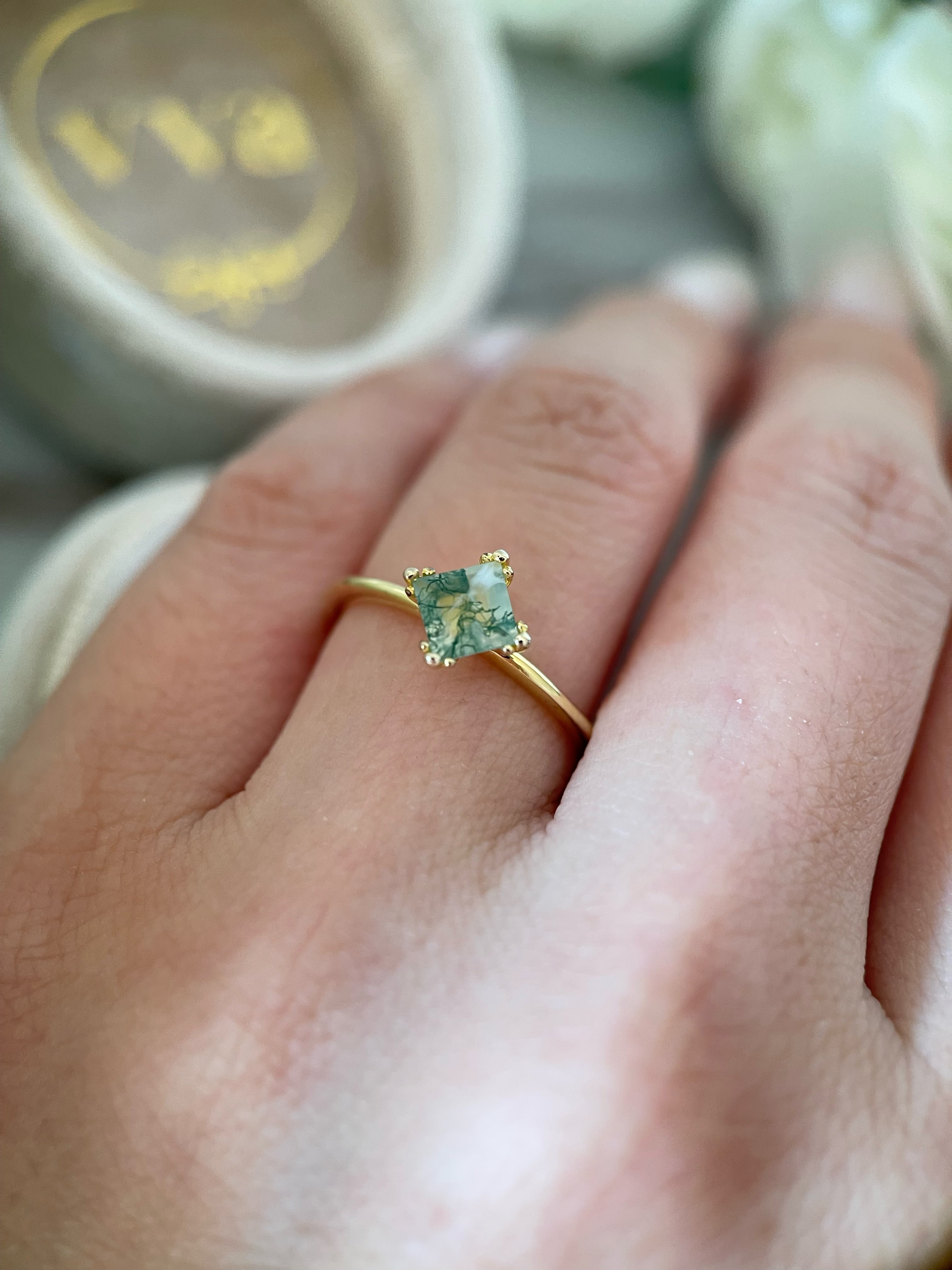 【Sylvan Majesty】Unique Handmade Natural Moss Agate Engagement Ring 0.75ct Princess Cut