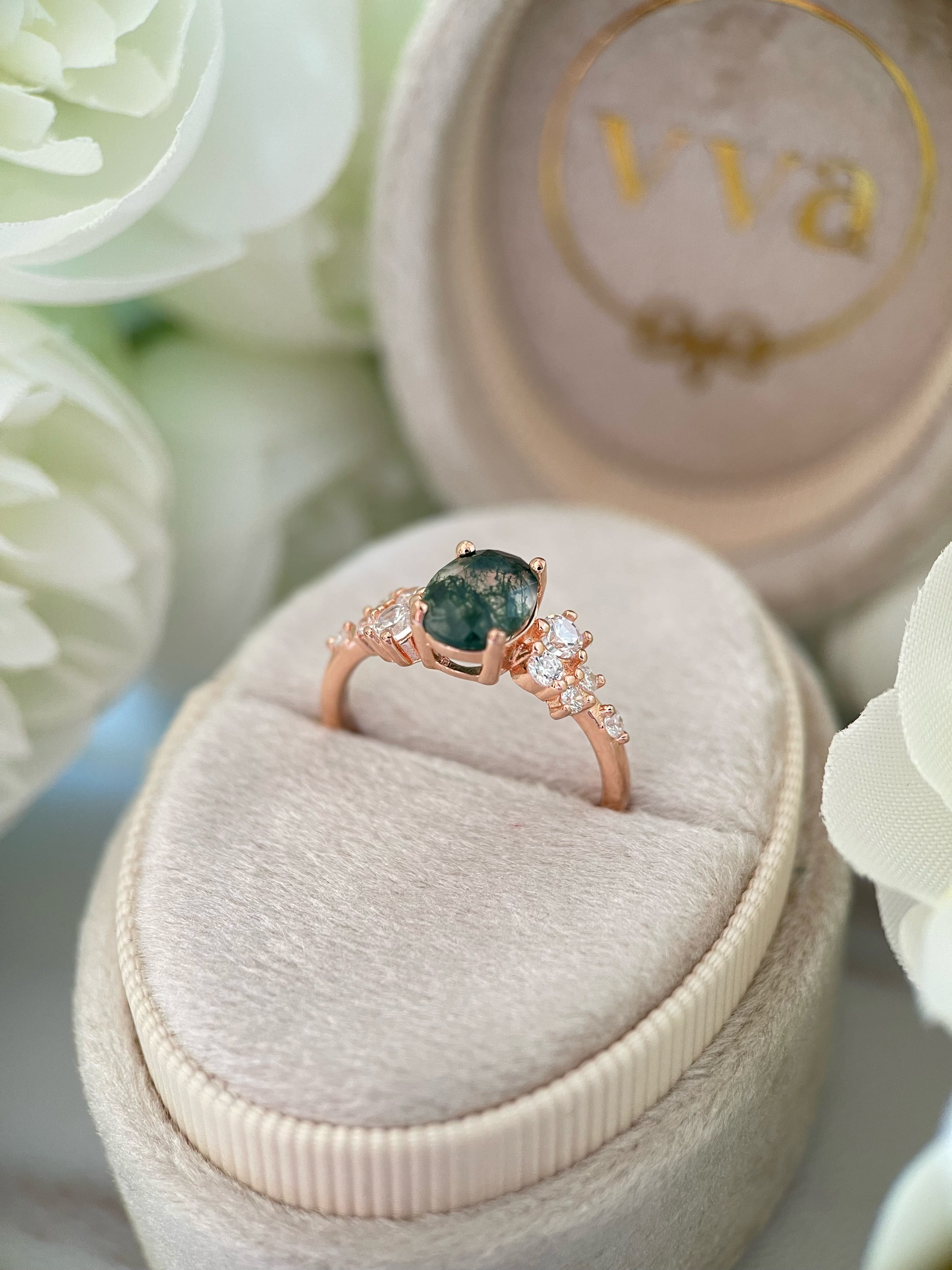 【Sylvan Halo】Bague de fiançailles unique, faite main, en agate mousse naturelle de 1,5 ct, forme ovale