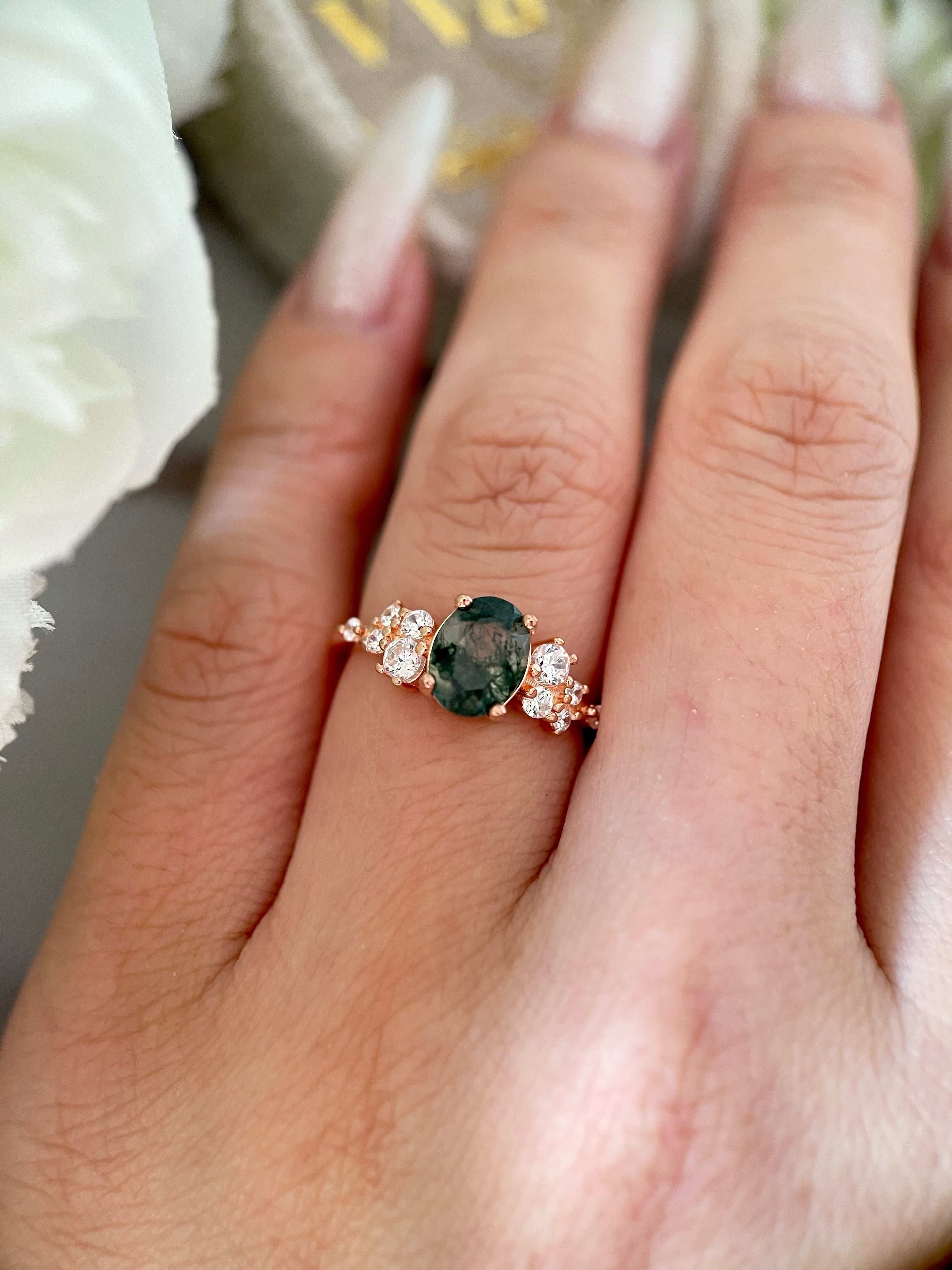 【Sylvan Halo】Bague de fiançailles unique, faite main, en agate mousse naturelle de 1,5 ct, forme ovale