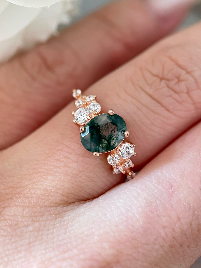 【Sylvan Halo】Bague de fiançailles unique, faite main, en agate mousse naturelle de 1,5 ct, forme ovale