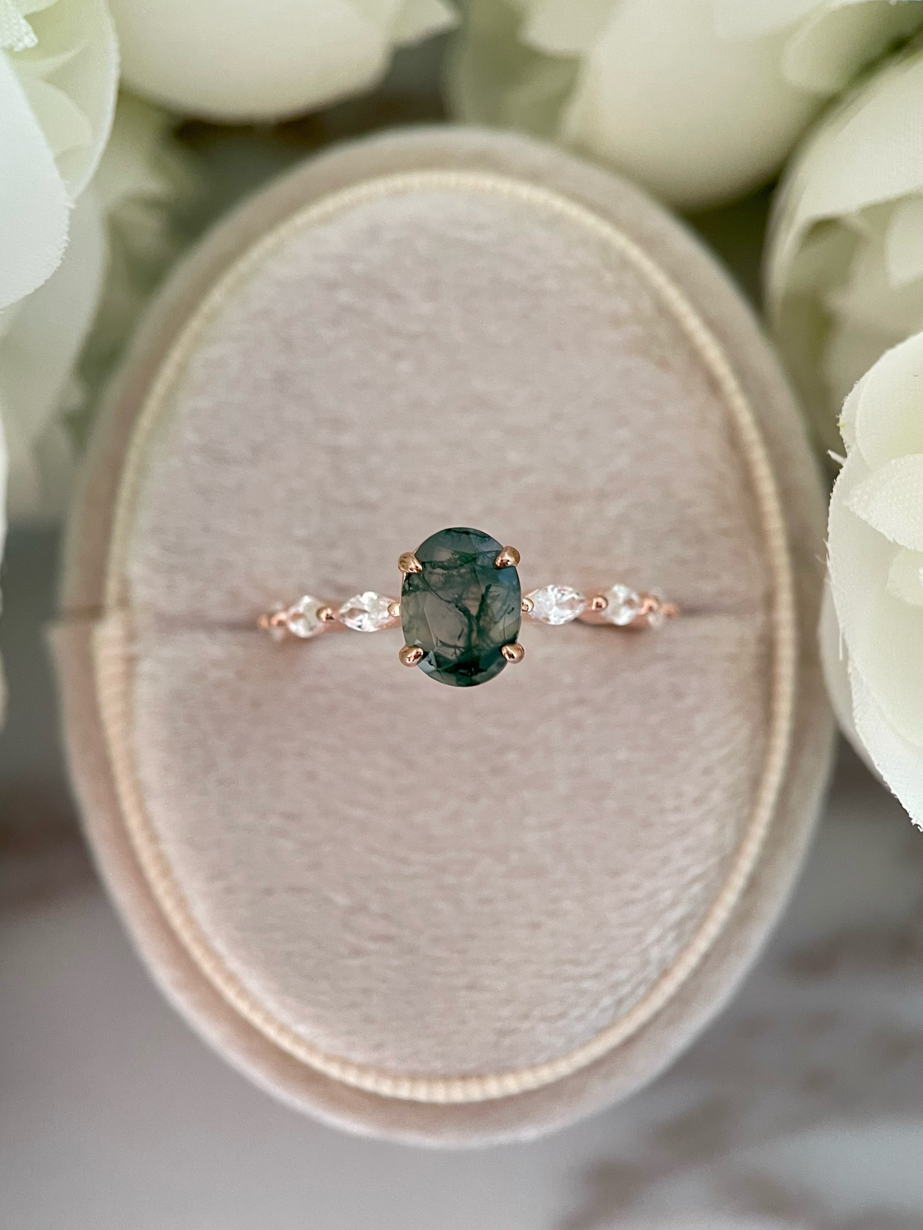 【Greenwood】Bague de fiançailles unique en agate mousse naturelle faite à la main, 1,5 ct, forme ovale