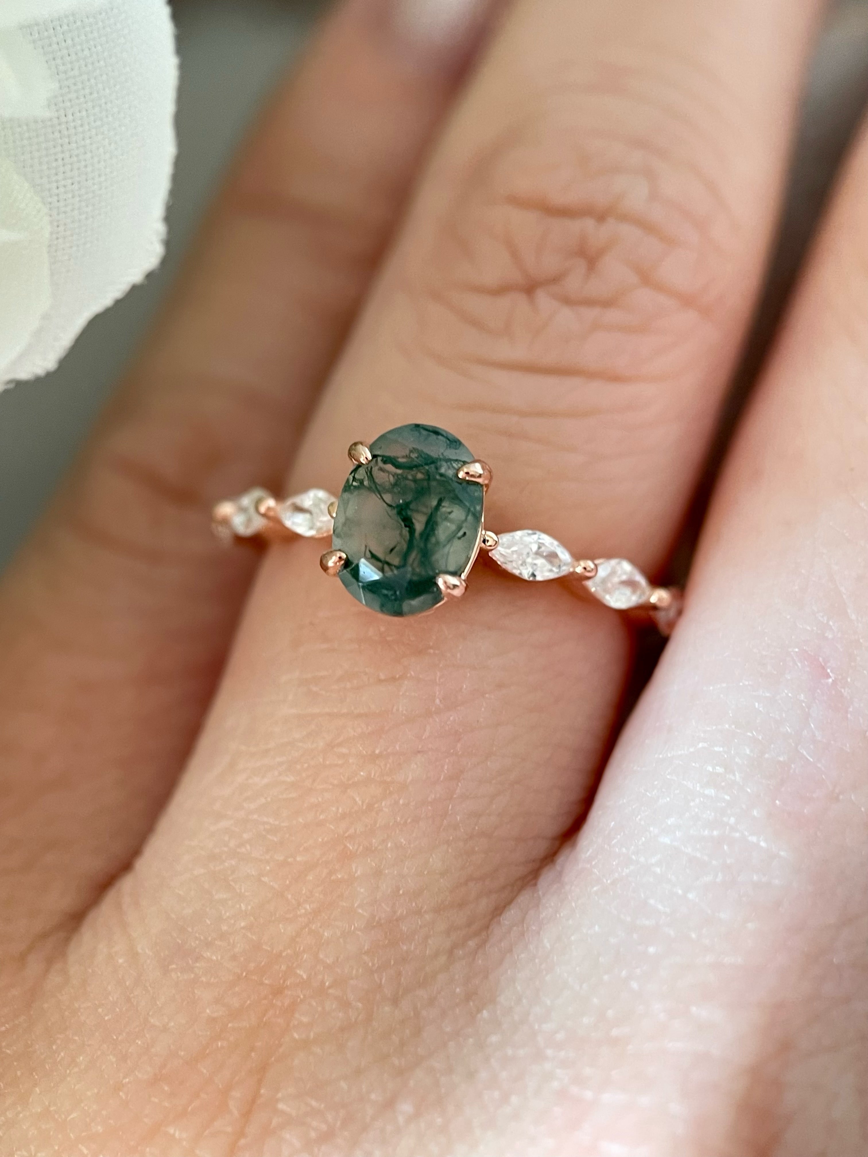 【Greenwood】Unique Handmade Natural Moss Agate Engagement Ring 1.5ct Oval Cut