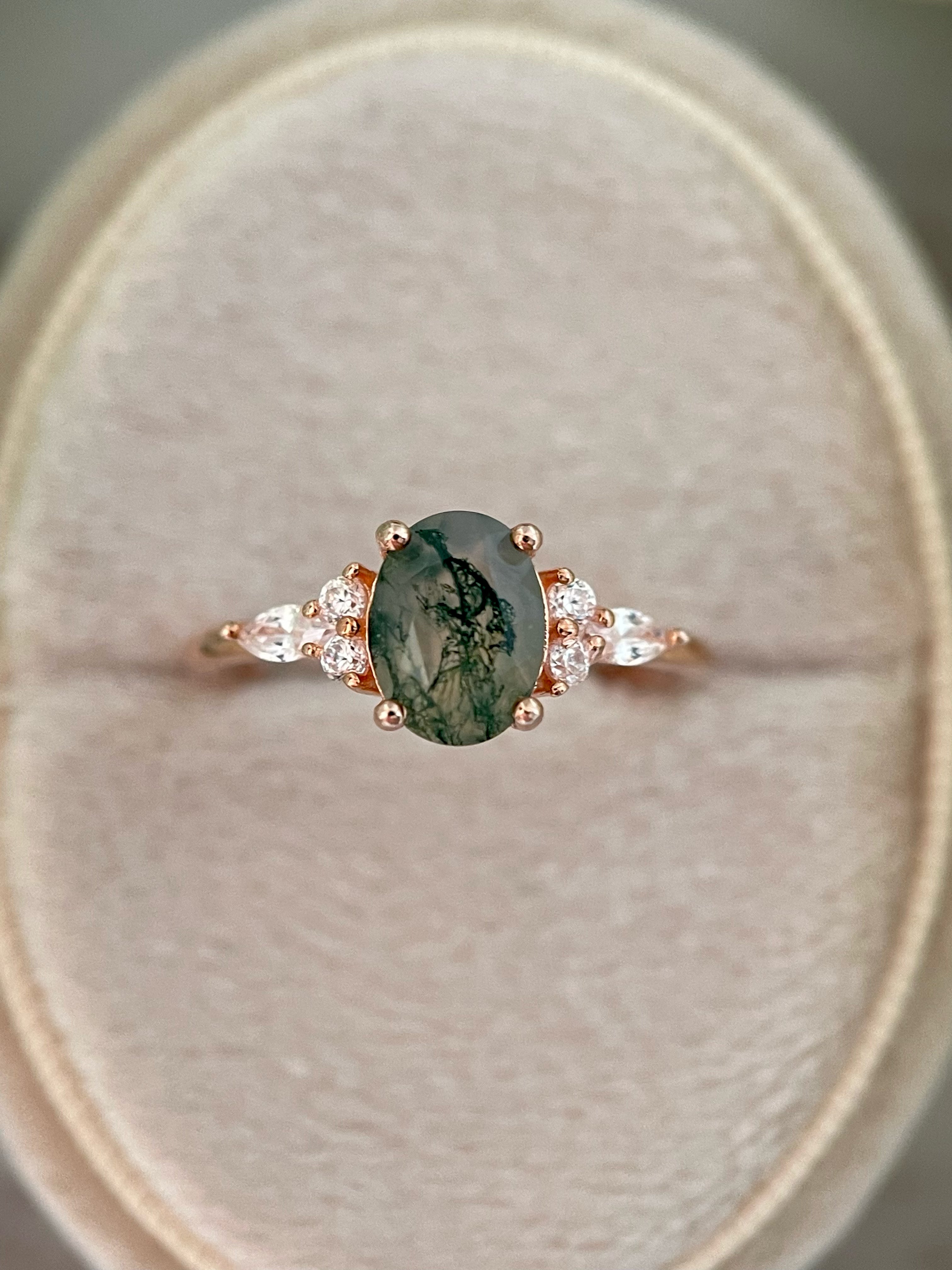 【Gala Garden】Unique Handmade Natural Moss Agate Engagement Ring 1.5ct Oval Cut