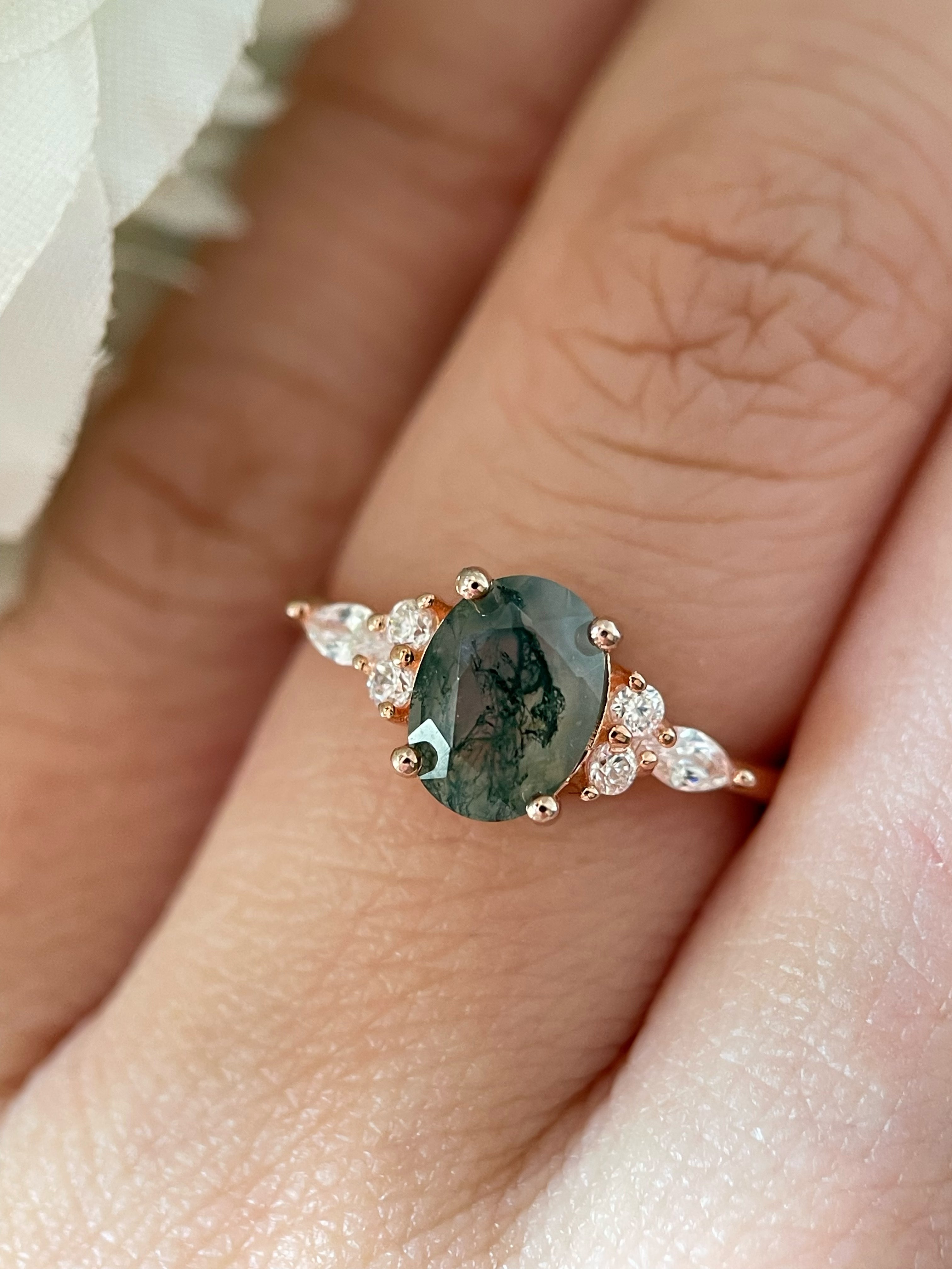 【Gala Garden】Unique Handmade Natural Moss Agate Engagement Ring 1.5ct Oval Cut