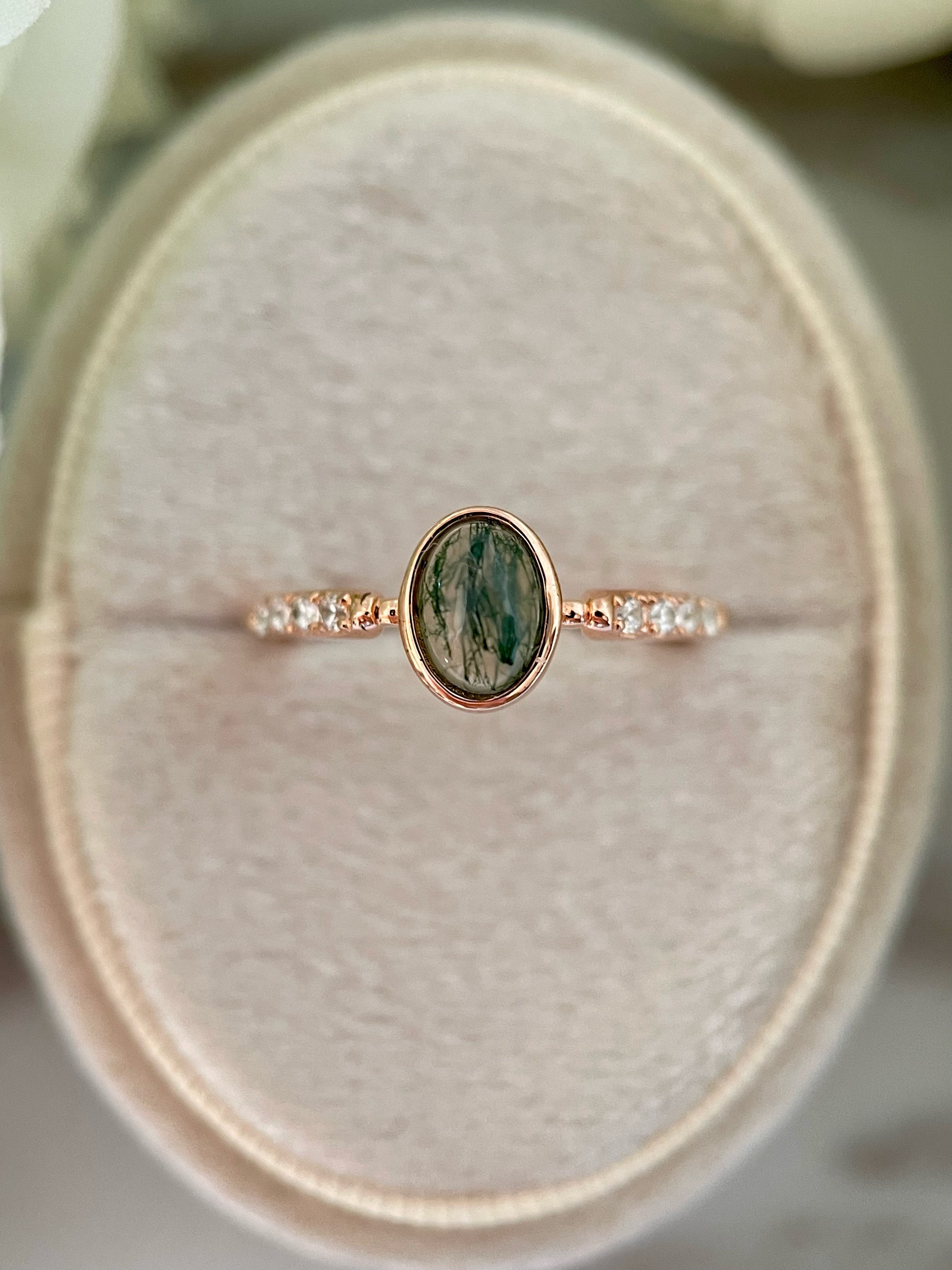 【Mossward】Bague de fiançailles unique en agate mousse naturelle faite à la main, de forme ovale, 0,8 ct