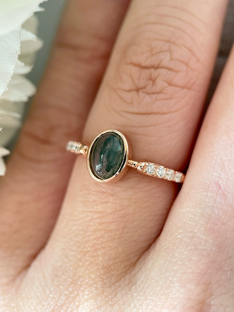 【Mossward】Unique Handmade Natural Moss Agate Engagement Ring 0.8ct Oval Cut