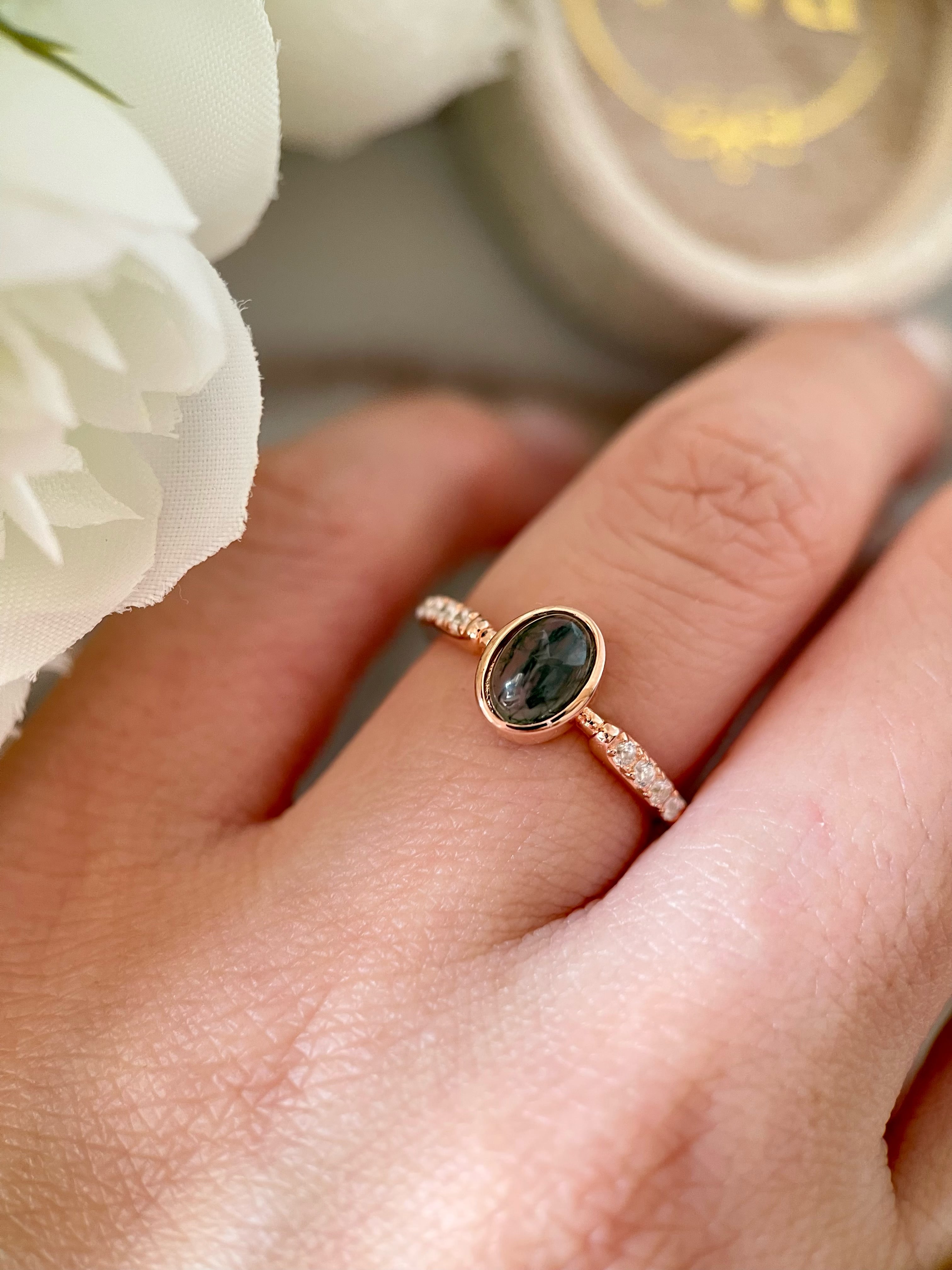 【Mossward】Unique Handmade Natural Moss Agate Engagement Ring 0.8ct Oval Cut