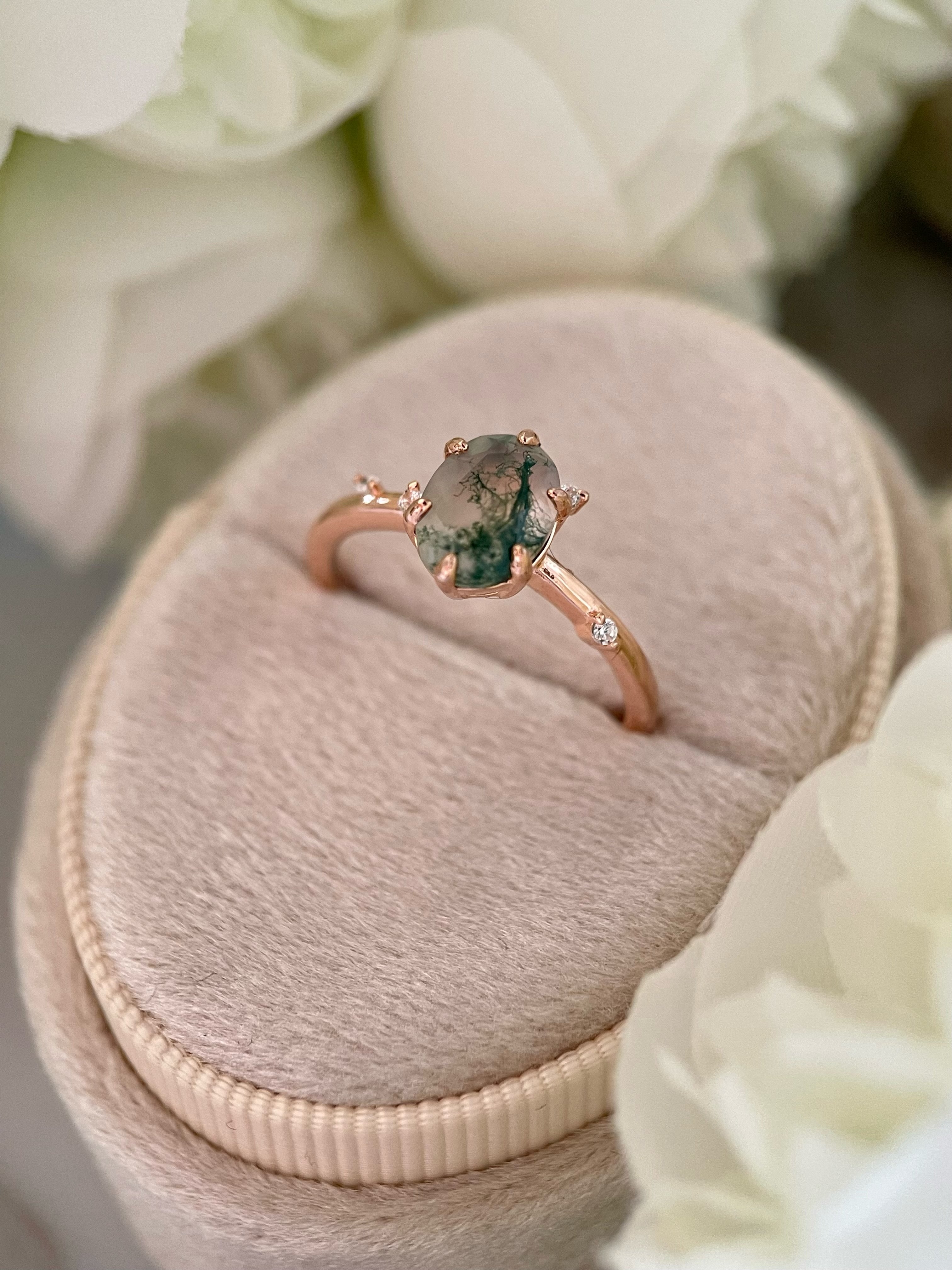 【Arbor】Bague de fiançailles unique en agate mousse naturelle faite à la main, 1,5 ct, forme ovale