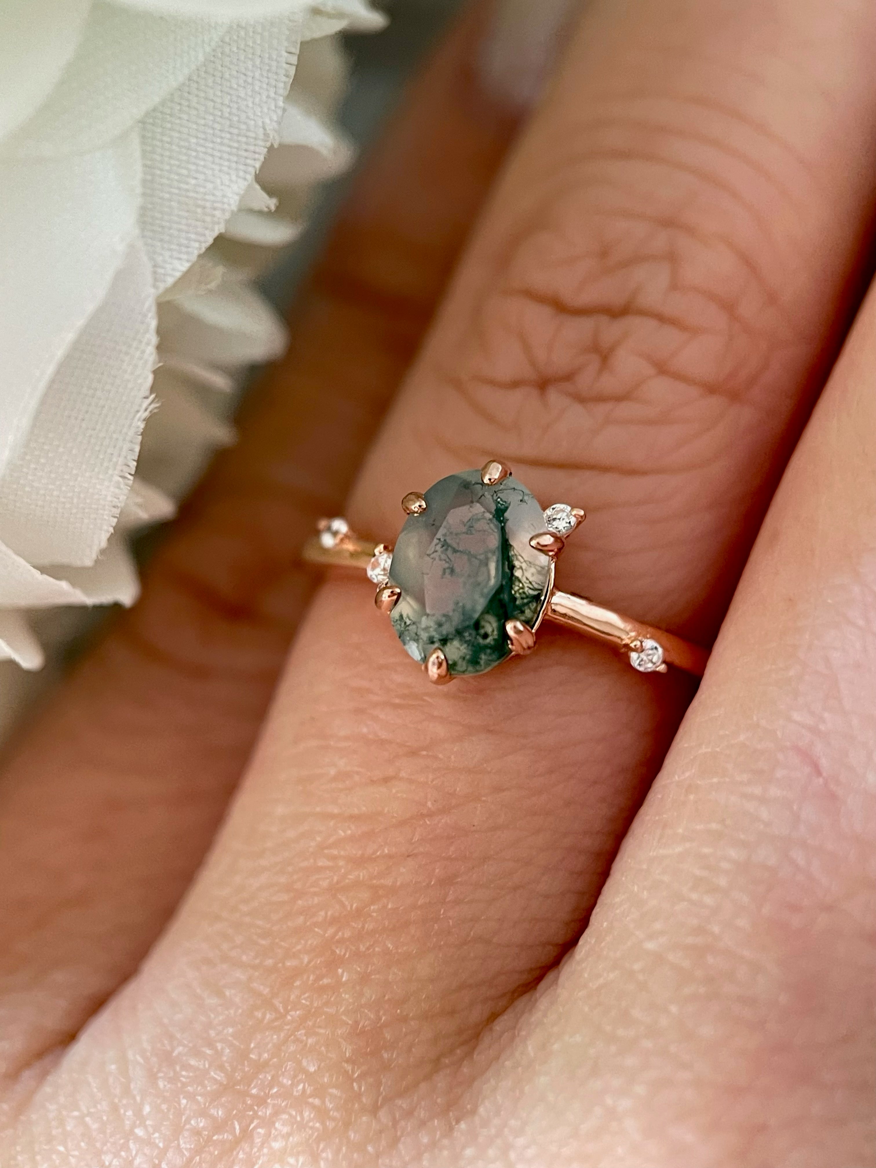 【Arbor】Unique Handmade Natural Moss Agate Engagement Ring 1.5ct Oval Cut