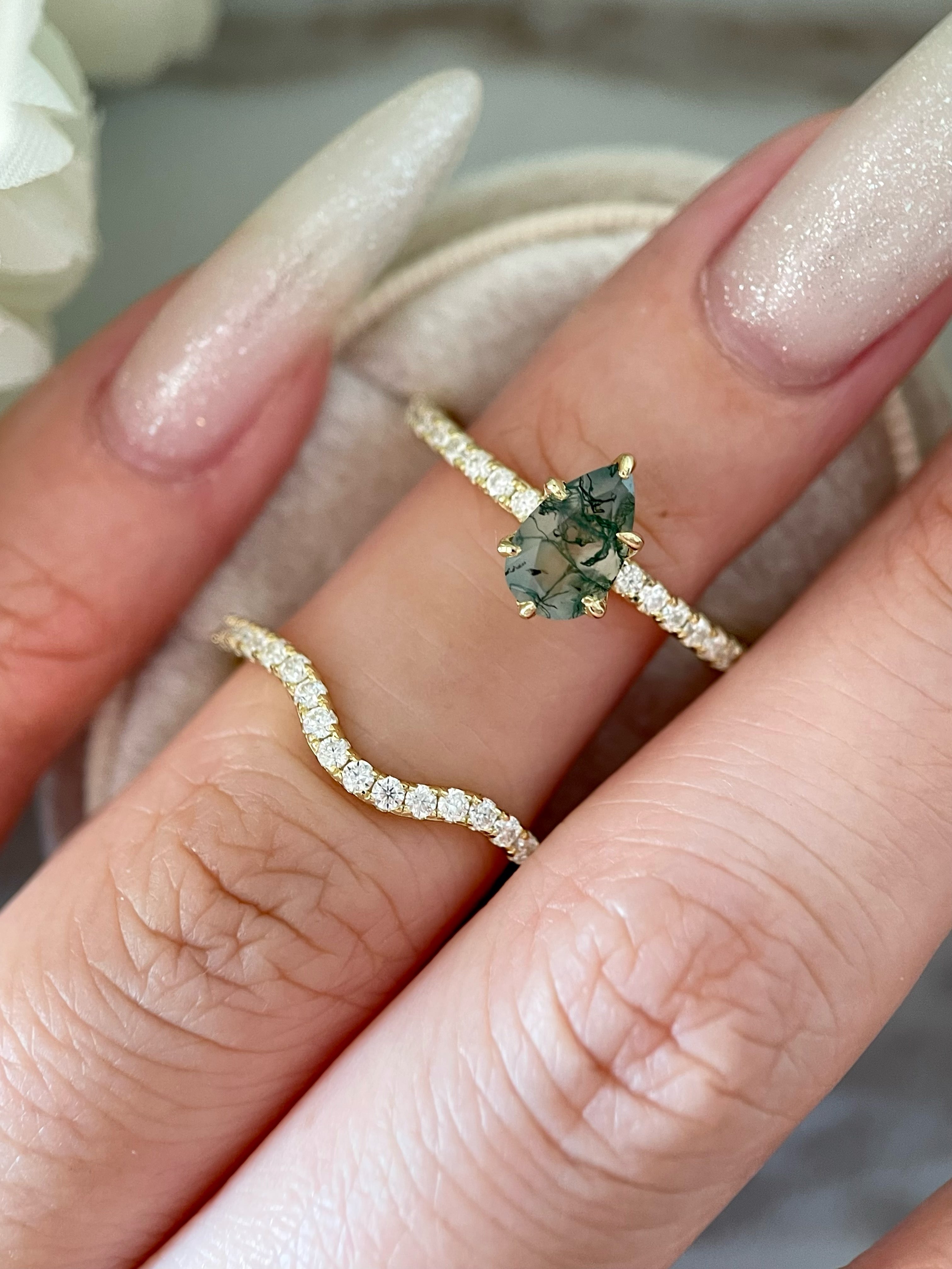 【Sylvan Covenant】Unique Handmade Natural Moss Agate Engagement Ring Set 2pcs 0.7ct Pear Shape