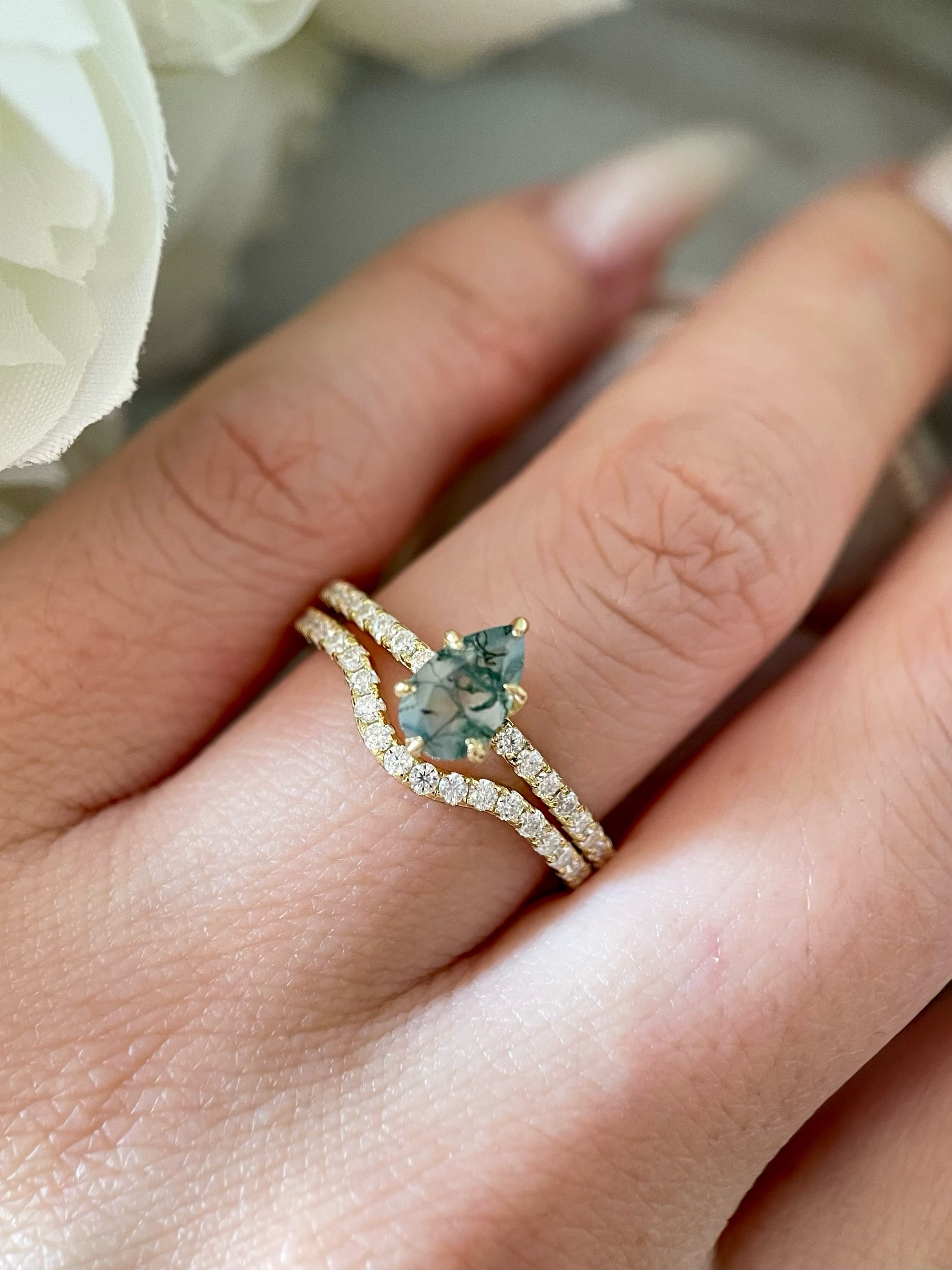 【Sylvan Covenant】Unique Handmade Natural Moss Agate Engagement Ring Set 2pcs 0.7ct Pear Shape