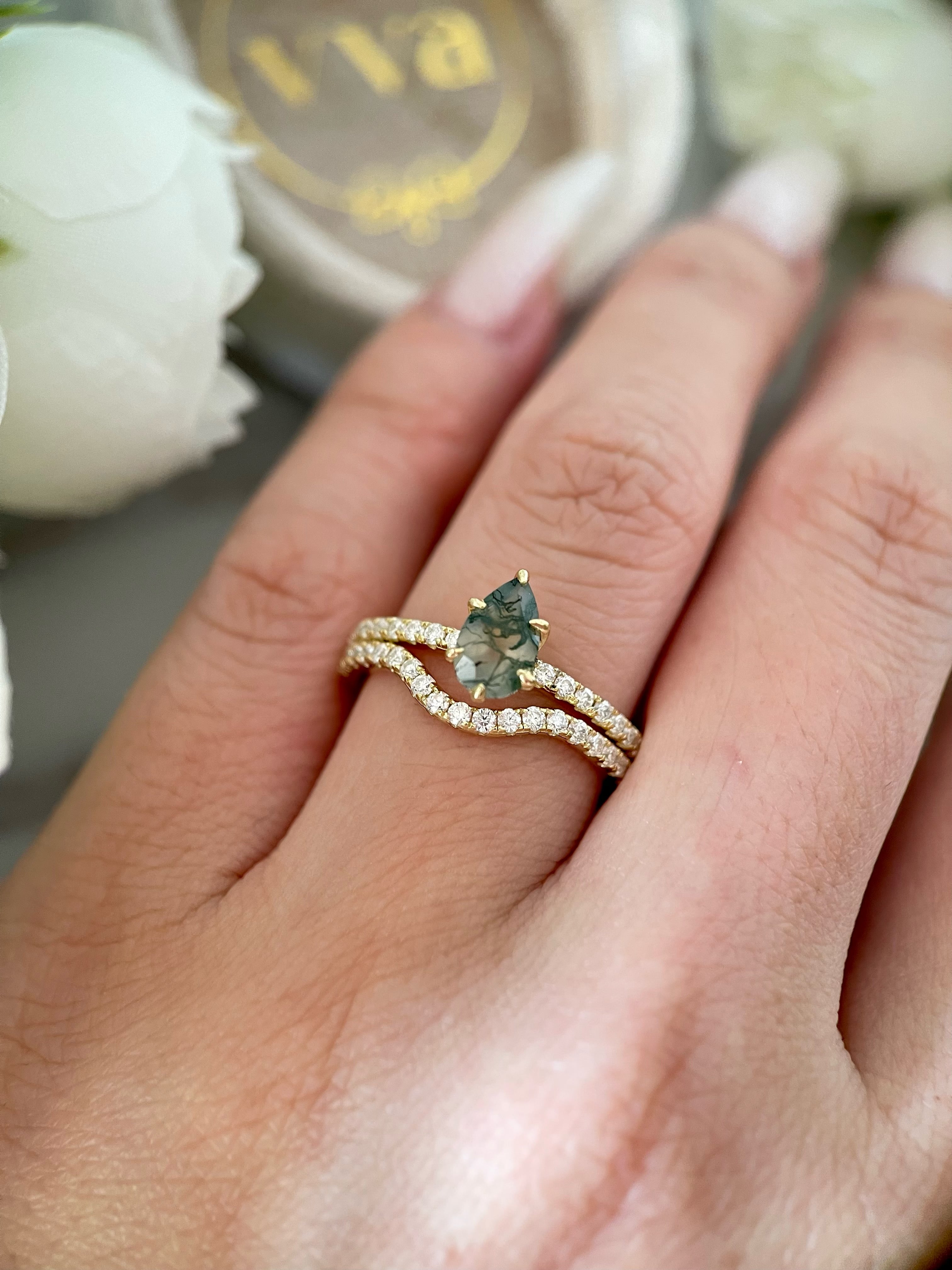 【Sylvan Covenant】Unique Handmade Natural Moss Agate Engagement Ring Set 2pcs 0.7ct Pear Shape