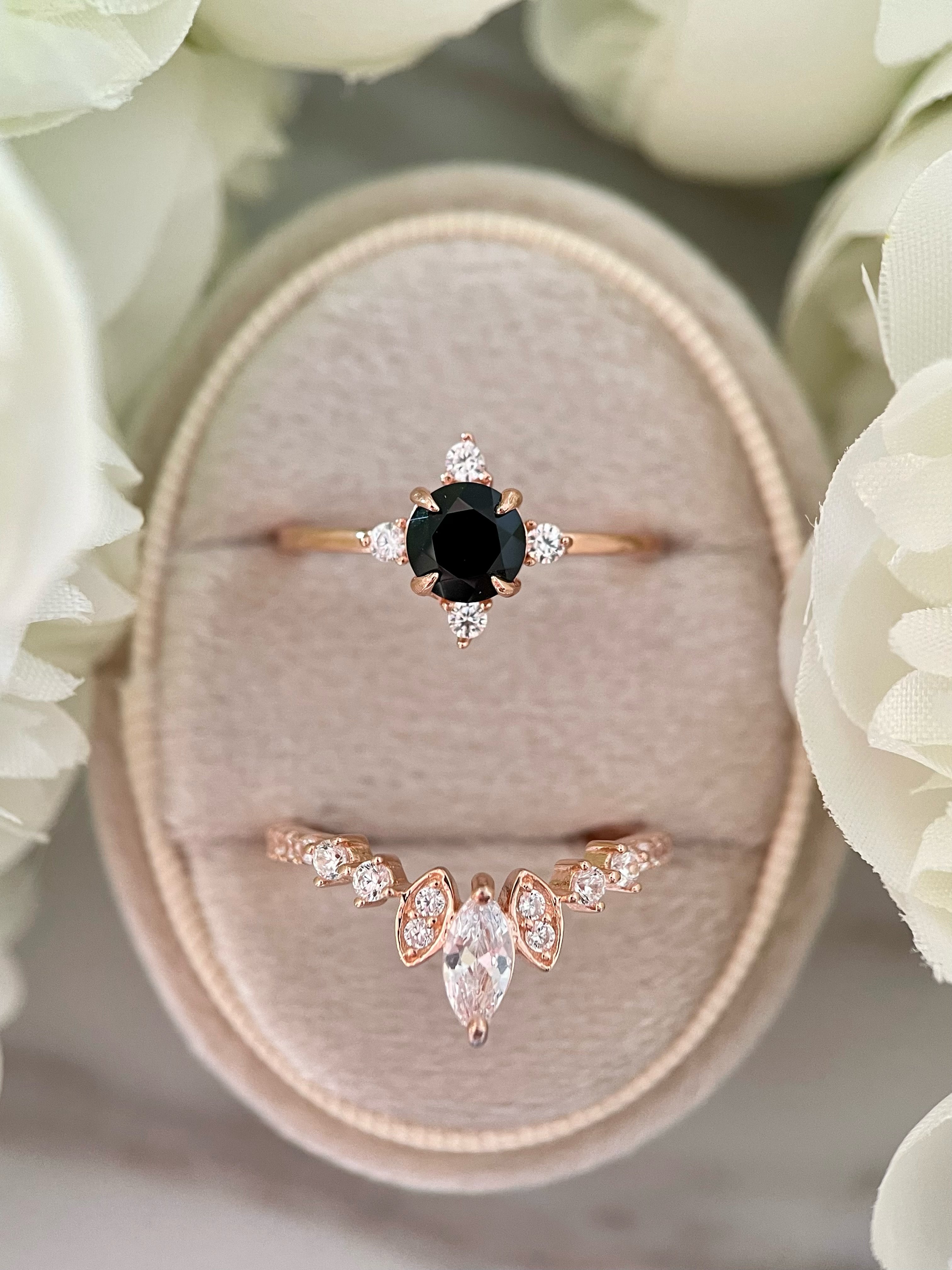 【HECATE SET】Unique Handmade Natural Black Onyx Engagement Ring Set 2pcs Round Cut 0.8ct