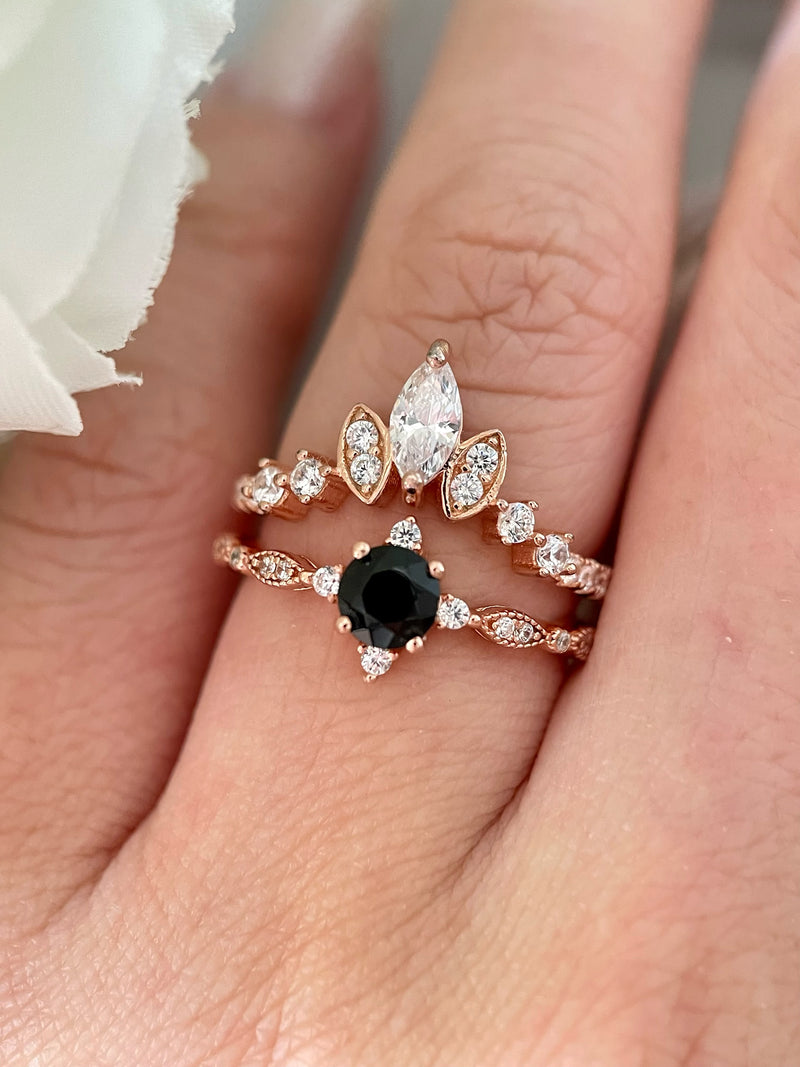 【Ensemble Nocturna】Ensemble de 2 bagues de fiançailles en onyx noir naturel fait main, forme ronde, 0,5 ct