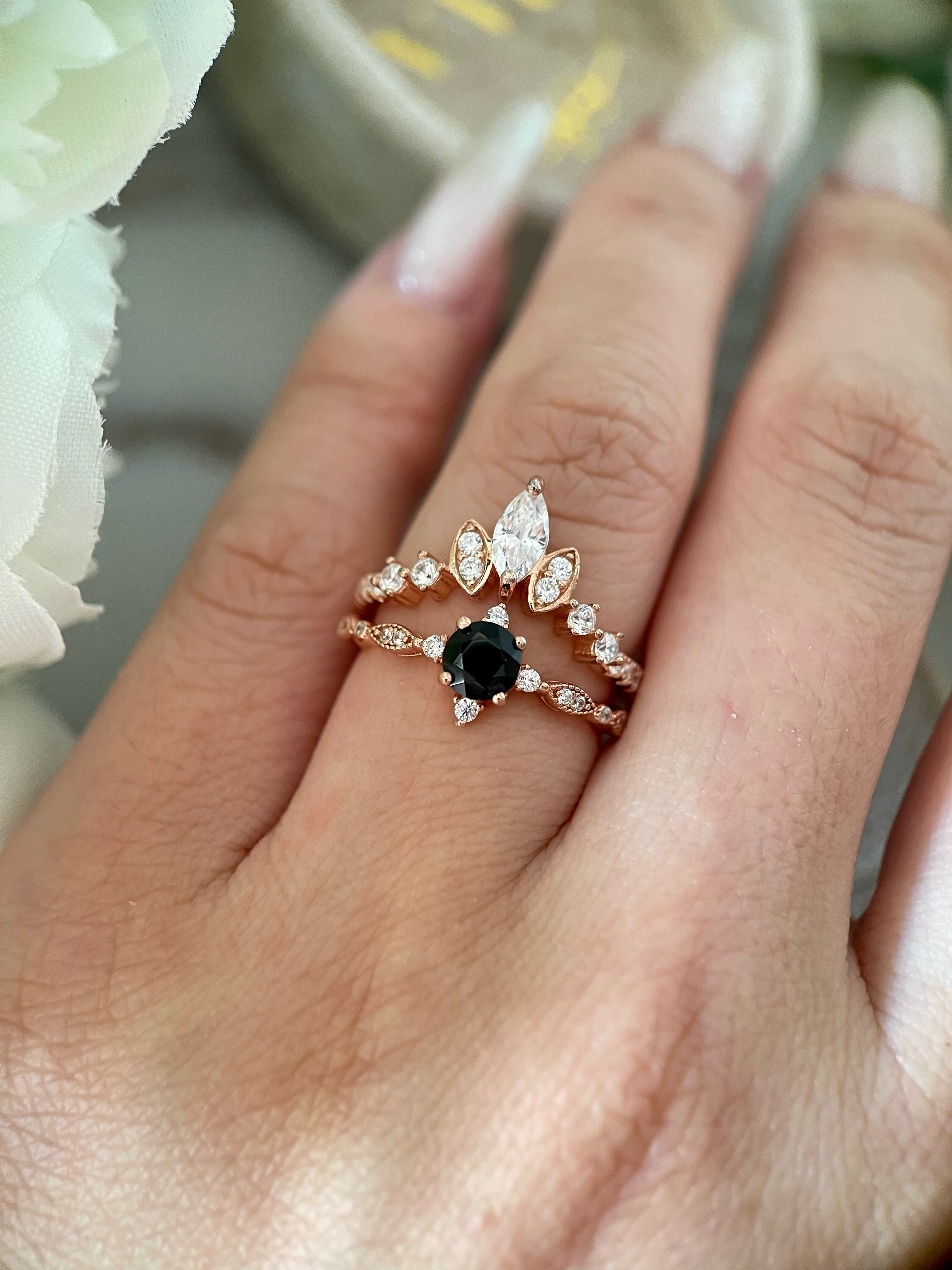 【Nocturna Set】Handmade Natural Black Onyx Engagement Ring Set 2pcs 0.5ct Round Cut