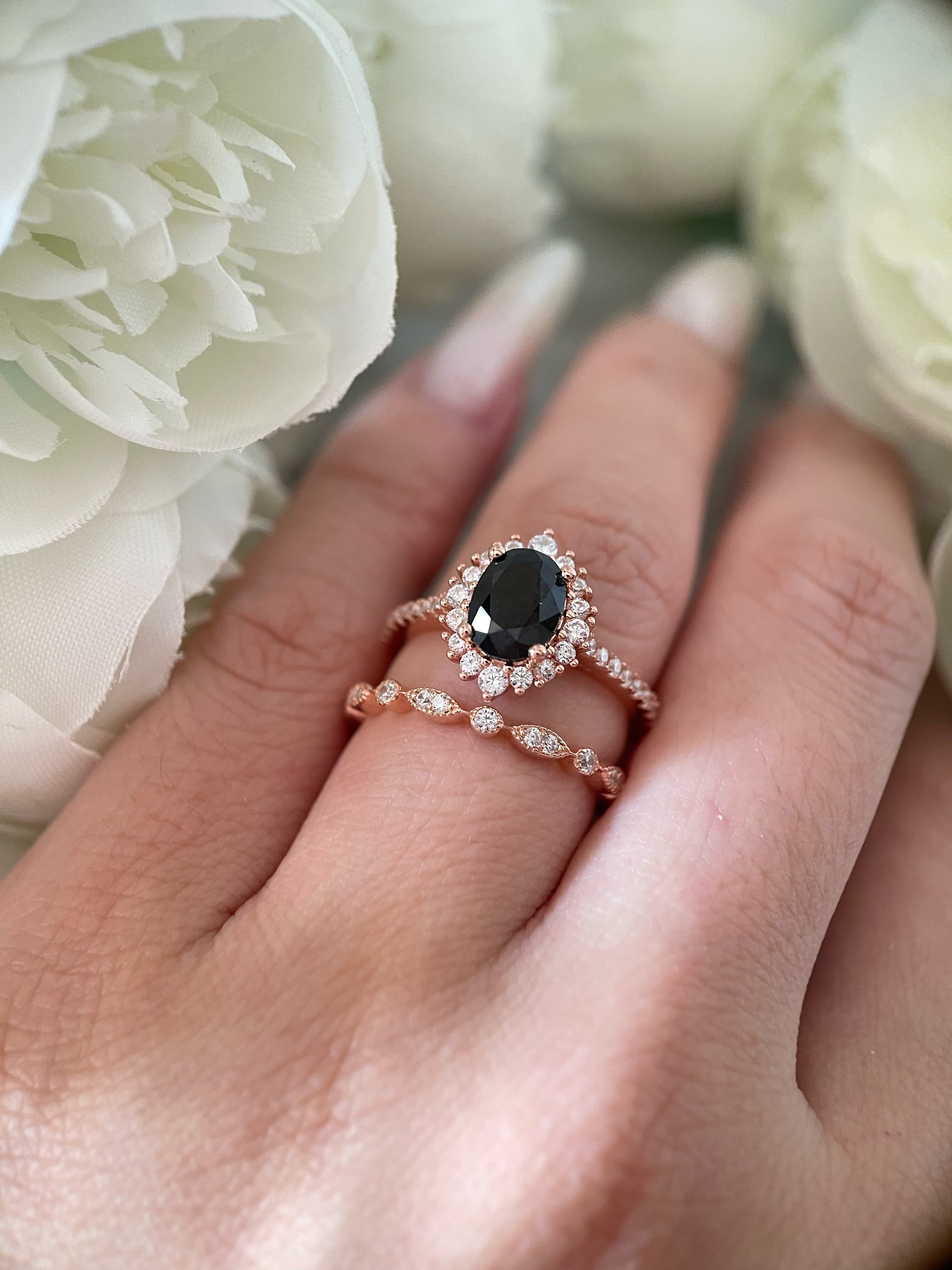 【Vespera Set】Handmade Natural Black Onyx Engagement Ring Set 2pcs 1.5ct Oval Cut