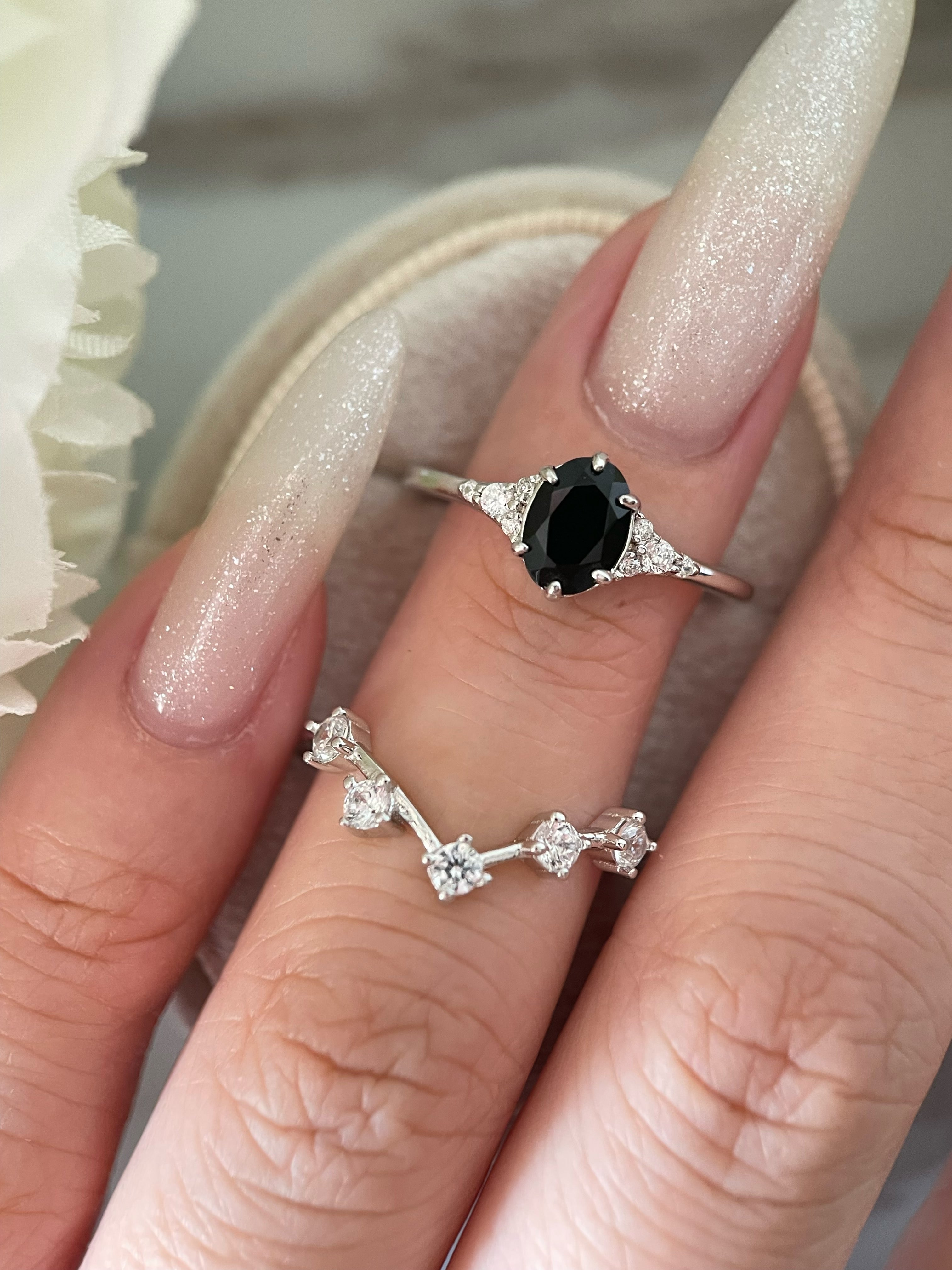 【Lyra Set】Handmade Natural Black Onyx Engagement Ring Set 2pcs 0.75ct Oval Cut